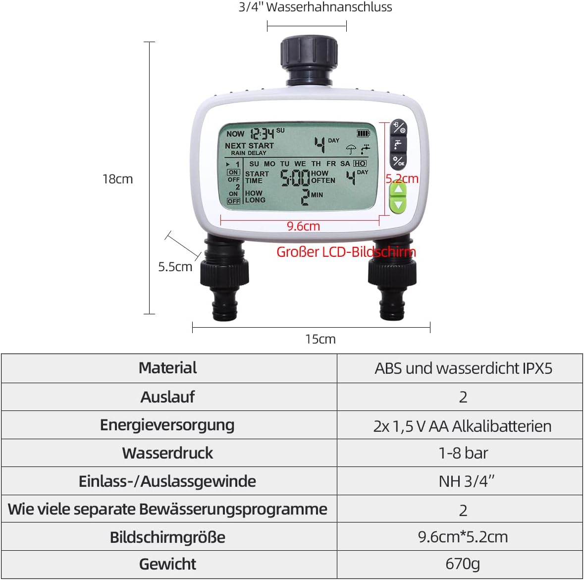 Detalle de Aqualin Centralina Irrigazione a 2 Vie: Timer Automatico/Manuale con Grande LCD e Impermeabile IPX5