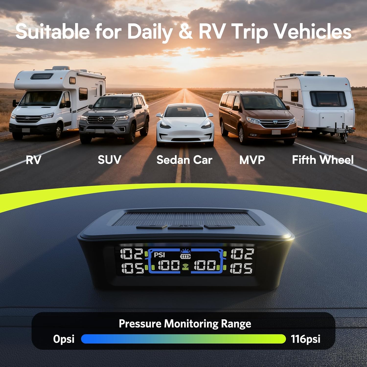 Detalle 2 de Tymate TM12 RV Tire Pressure Monitoring System (TPMS) with USB-C/Solar Charging, Set of 6 Sensors, 2026 Version
