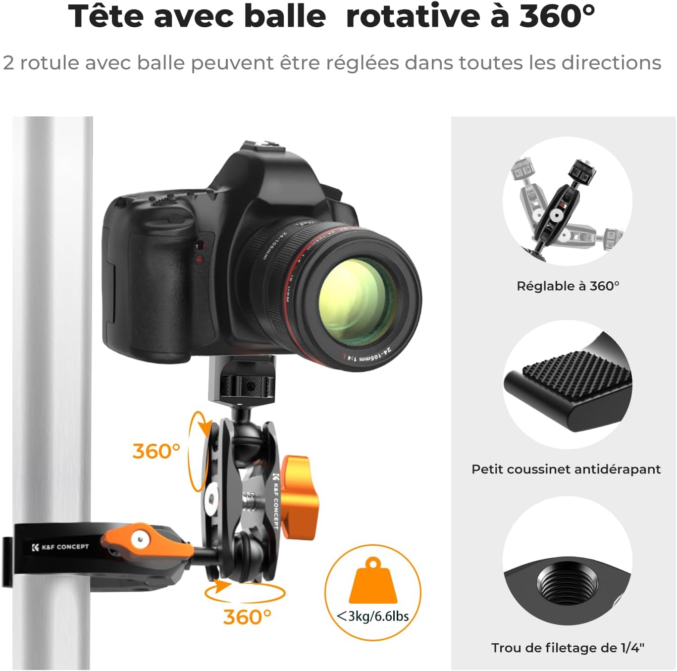 Detalle 2 de K&F CONCEPT Bras Magique + Super Clamp à rotule 360° M13 (filetage 1/4" + adaptateur GoPro/clip téléphone)