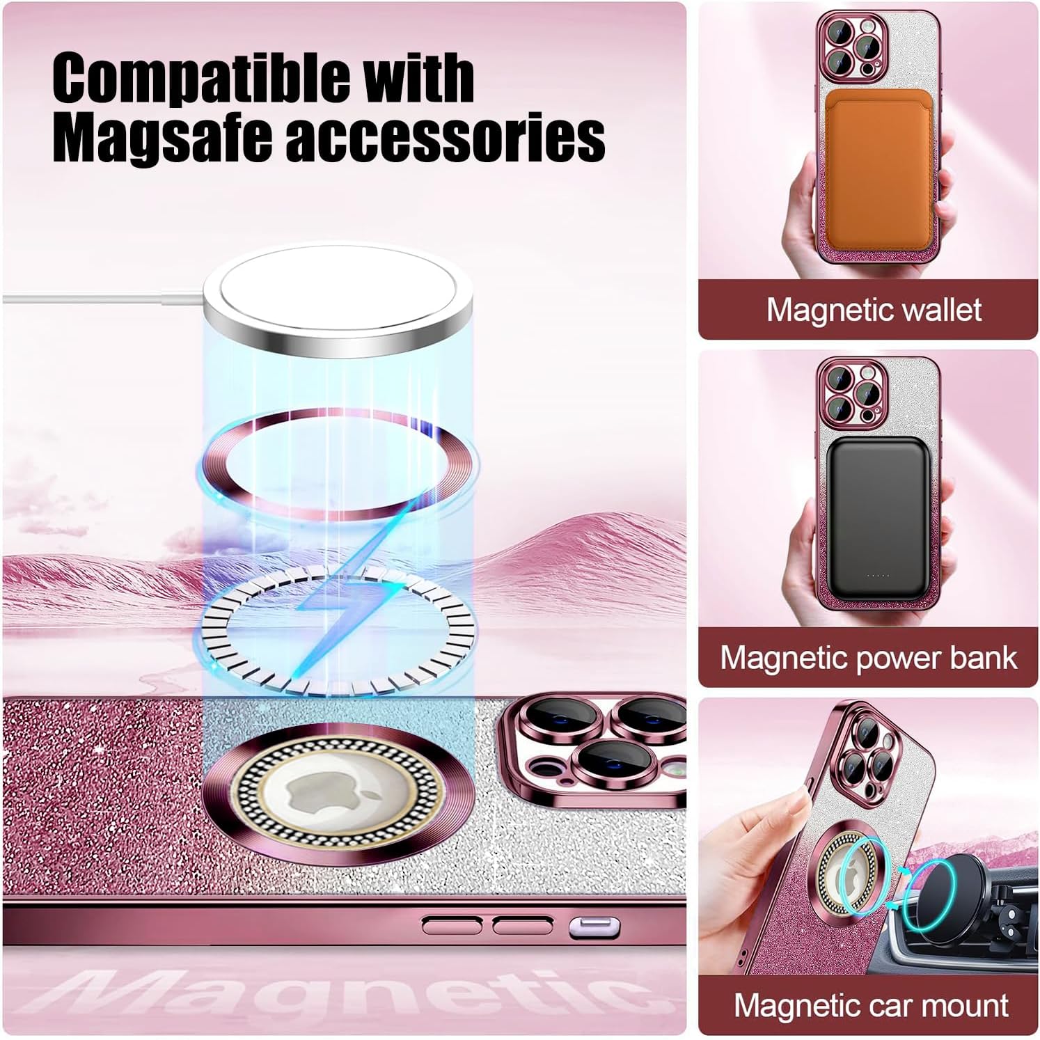 Detalle de Misscase Glitter for iPhone 13 Pro Magnetic Case – Pink