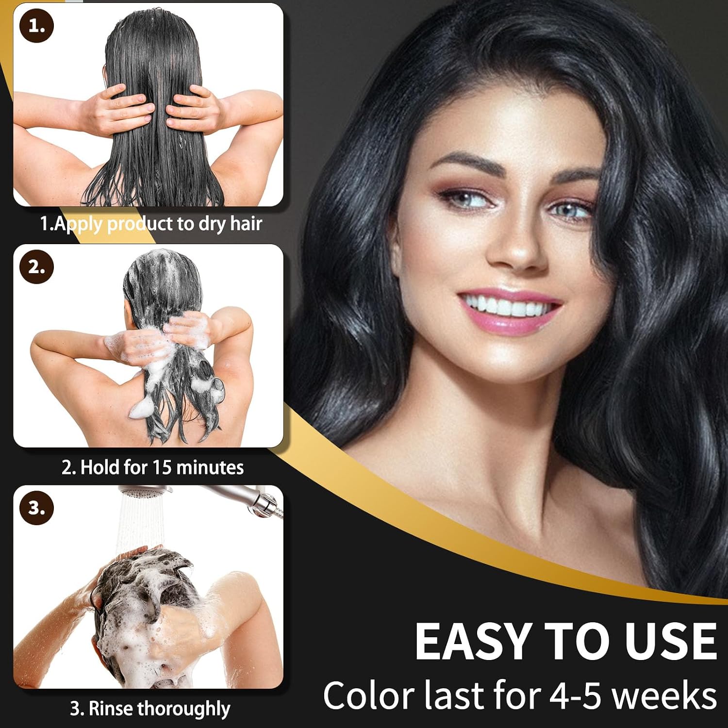 Detalle de COSMTEK Black Dye Shampoo (Ammonia-Free) for Permanent Hair Color & Gray Coverage, Men & Women, 3-in-1, 500ml