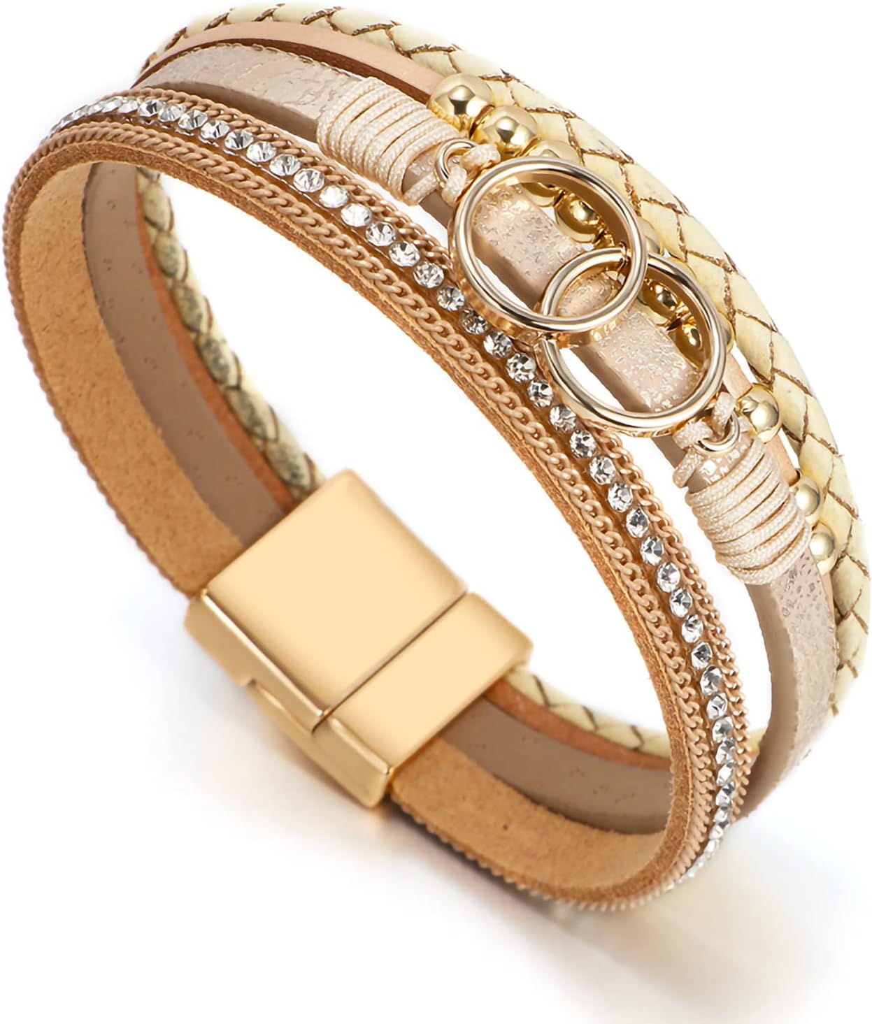 Detalle 2 de Fesciory Leopard Boho Leather Wrap Bracelet for Women with Pearls, Crystals & Brass Pipe