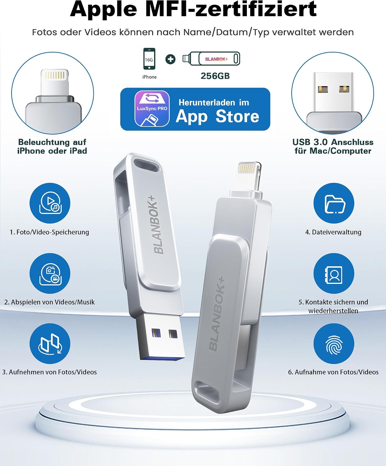 Thumbnail 3 de BLANBOK+ MFi-zertifizierter USB-Stick (256 GB) mit Lightning & USB – iPhone/ iPad Backup & Fotostick