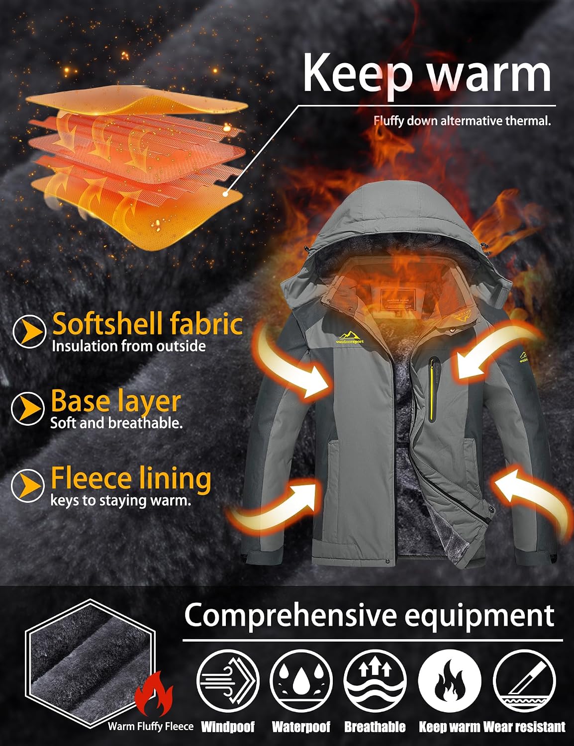 Detalle de TACVASEN Men's Waterproof Fleece-Lined Winter Ski Jacket with Multi-Pockets