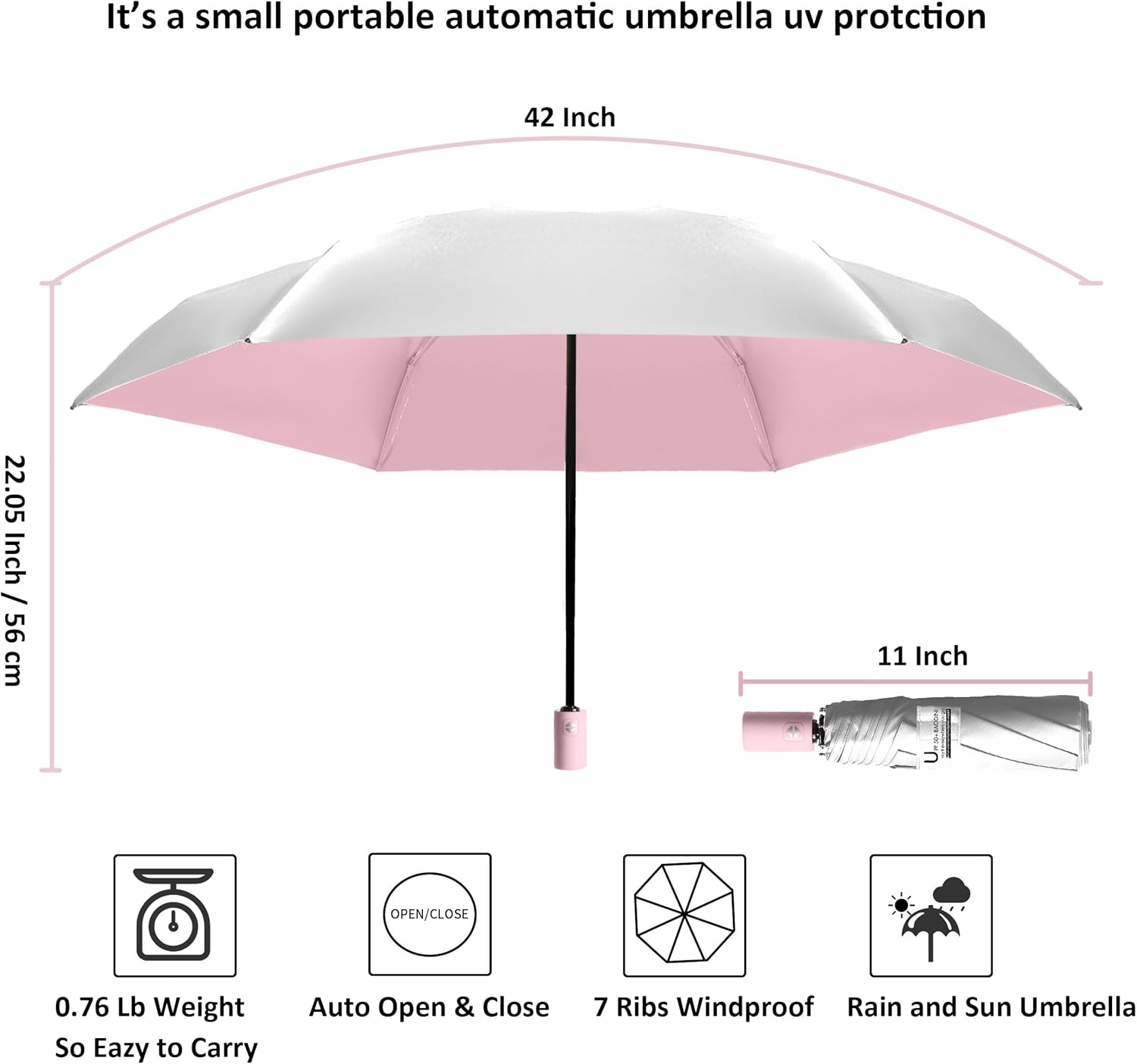 Thumbnail 5 de BAODINI Small UV Protection Travel Umbrella (UPF 50+), compact windproof rain & sun umbrella, 42 inch canopy
