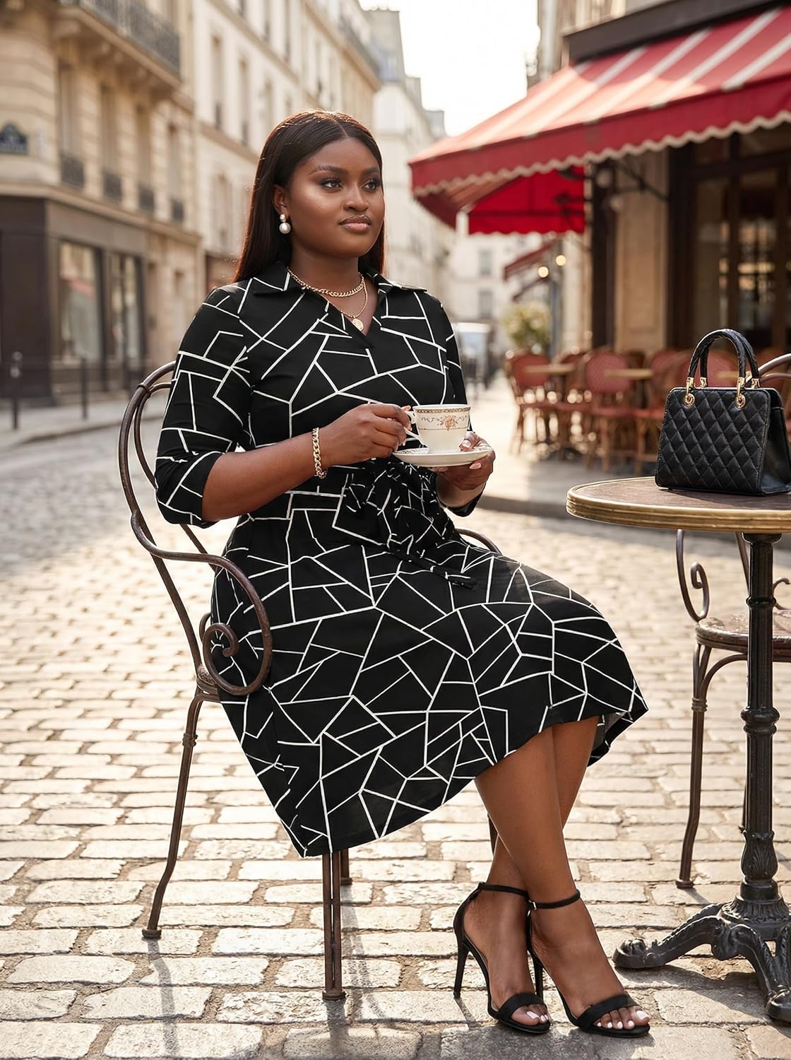 Thumbnail 6 de FANDEE Plus Size Midi Dress with African Print – 3/4 Sleeves, V-Neck, Pockets, Belt (L-5XL)
