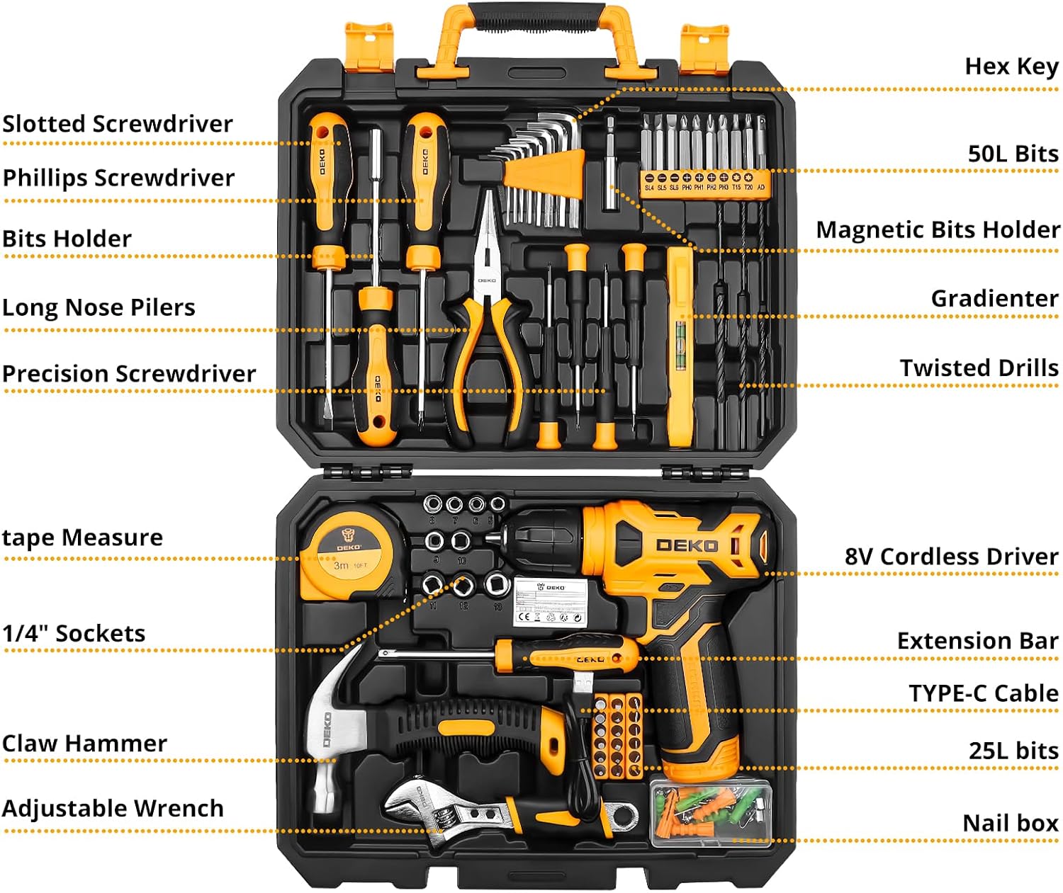 Thumbnail 1 de DEKO 8V Cordless Drill Set with 126-Piece Tool Kit (Yellow)