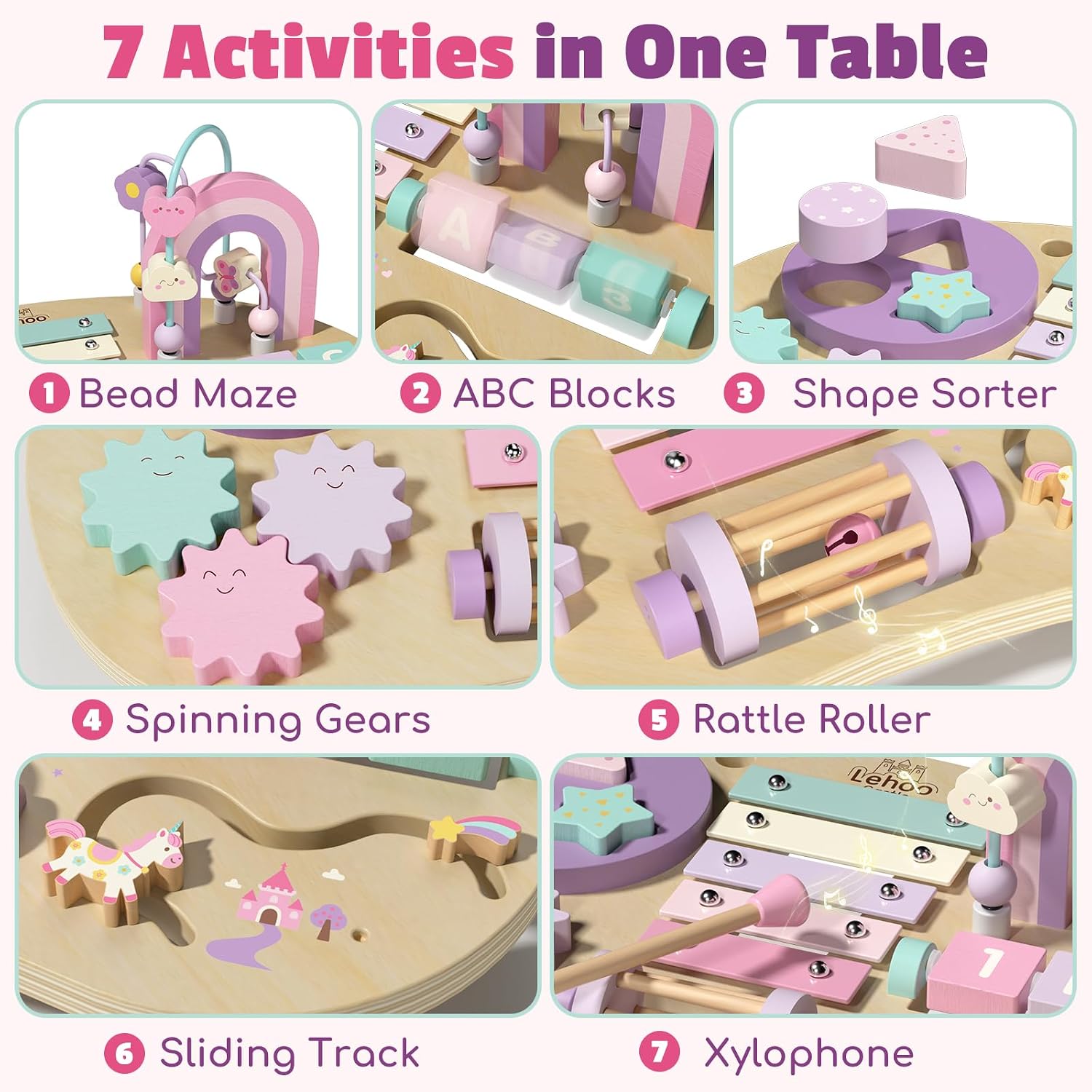 Detalle 2 de Lehoo Castle Wooden Activity Table, 7-in-1