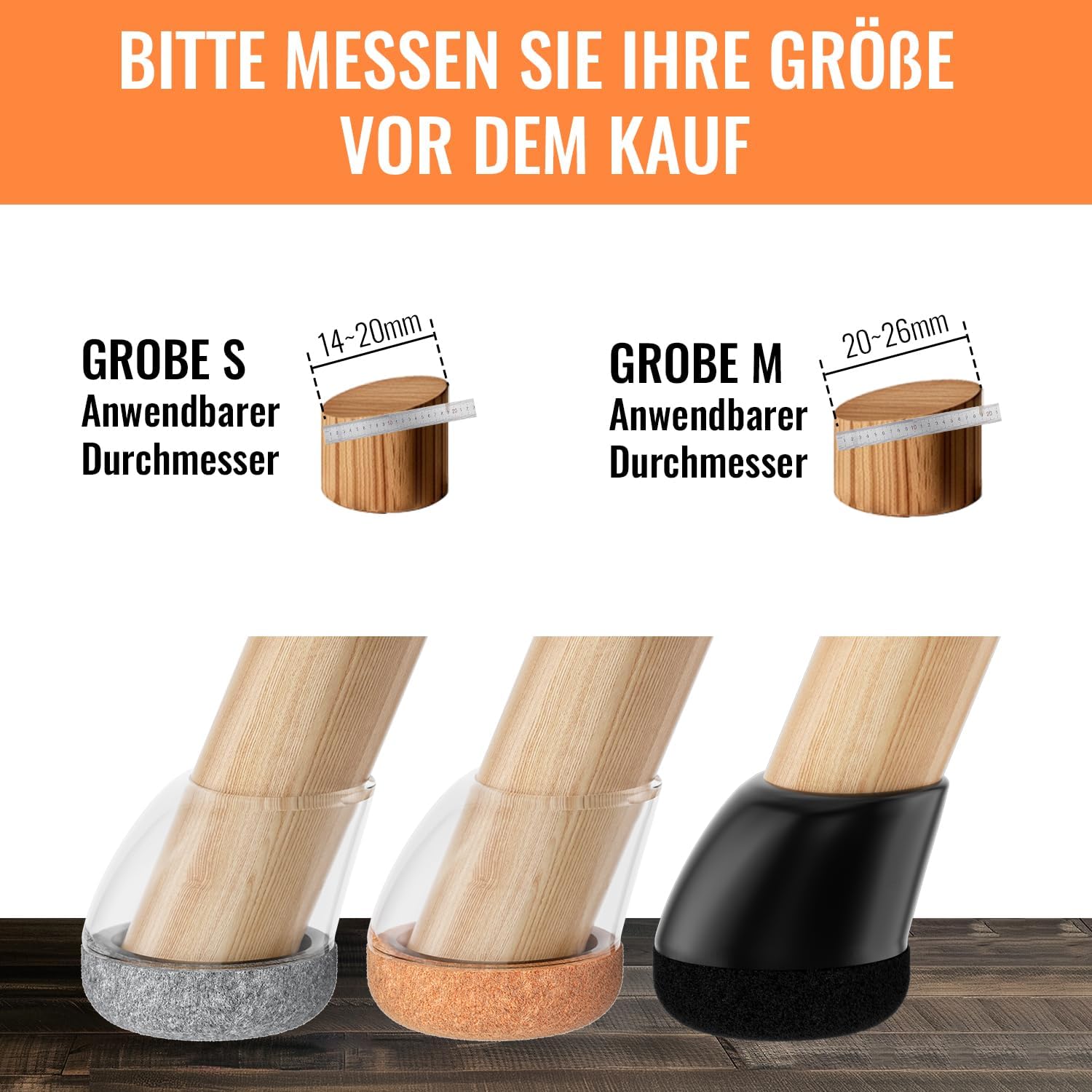 Thumbnail 1 de RCHYFEED Stuhlbeinkappen – Silikon-Filz-Schonschutz, 24 Stück, Transparent mit Graual Filz für 15–25° Stuhlbeine (14–20 mm)