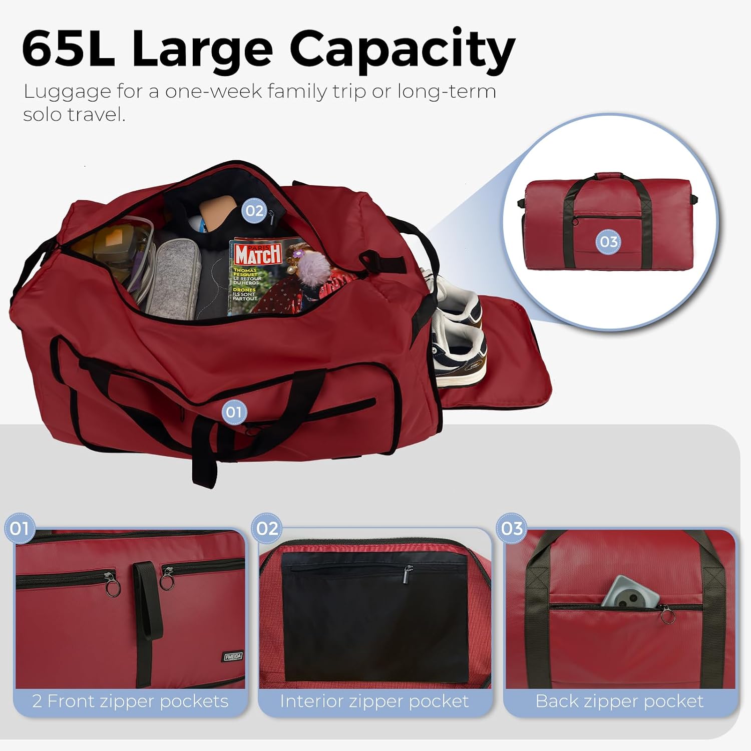 Detalle de Fmeida 65L foldable travel duffle bag