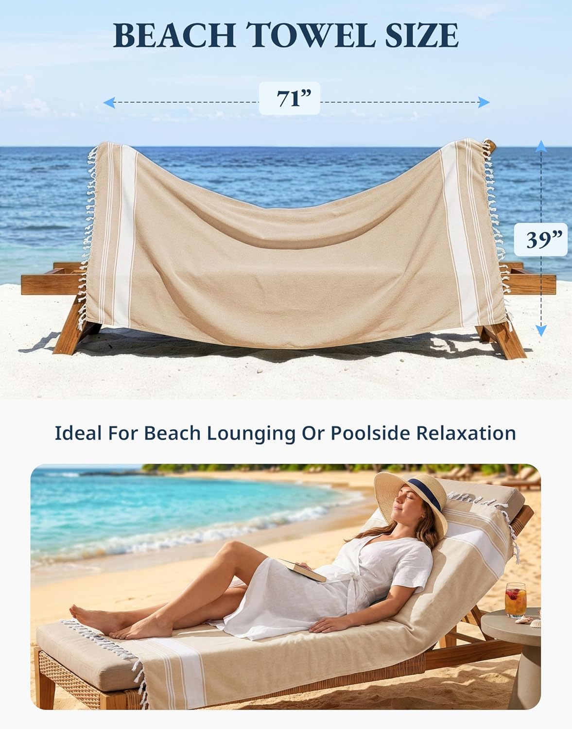 Thumbnail 3 de Lane Linen Oversized Beach Towels (2-Pack) Turkish Towels, Quick-Dry Sand-Proof, 39"x71" – Beige