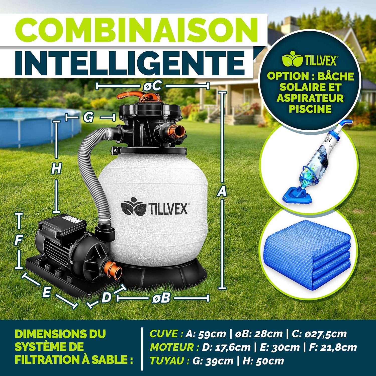 Thumbnail 1 de Système de filtre à sable tillvex® 7.900 L/h avec vanne 7 voies et indicateur de pression (adaptateur 2en1 Ø32-38 mm)