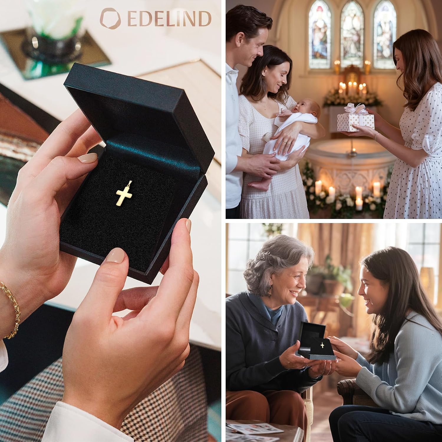 Detalle de Ciondolo Croce in Oro 14K EDELIND 585 – 20 mm, confezione regalo, disponibile per uomo e donna