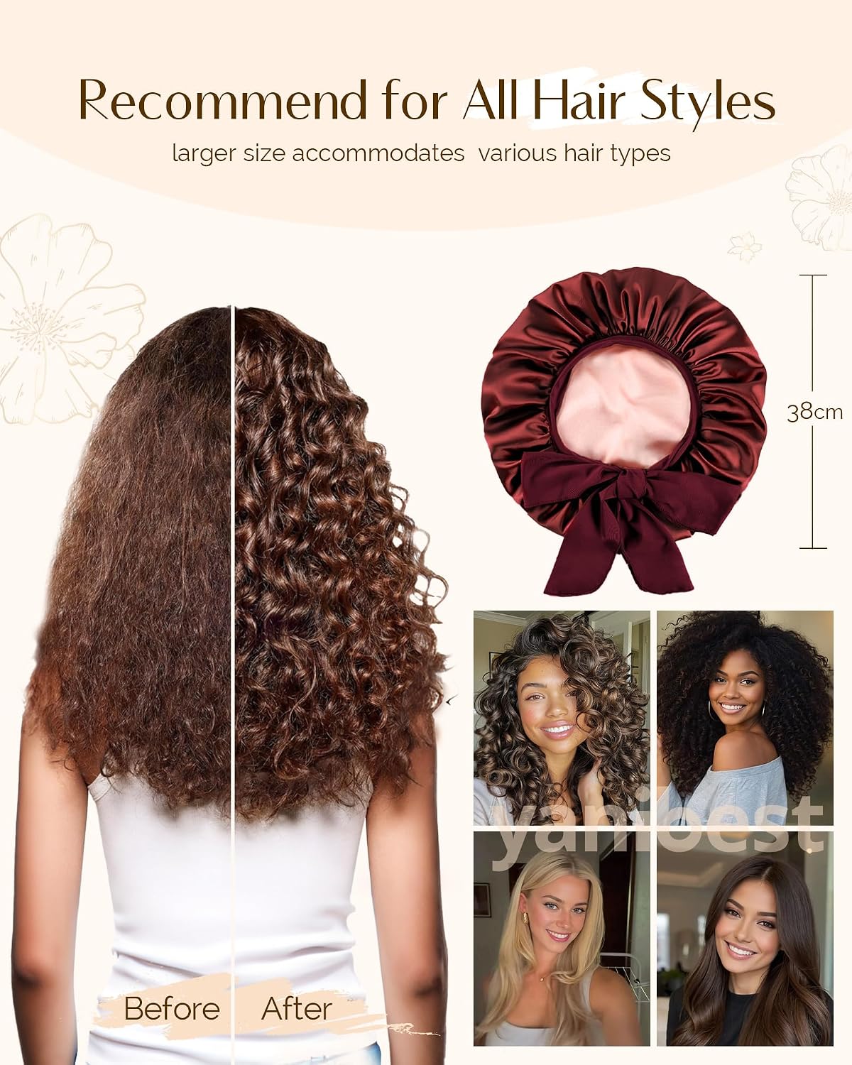 Detalle 2 de YANIBEST Satin Seide Haube für schlafende Frauen – Double Layer Haar Bonnet mit elastischem Bindeband