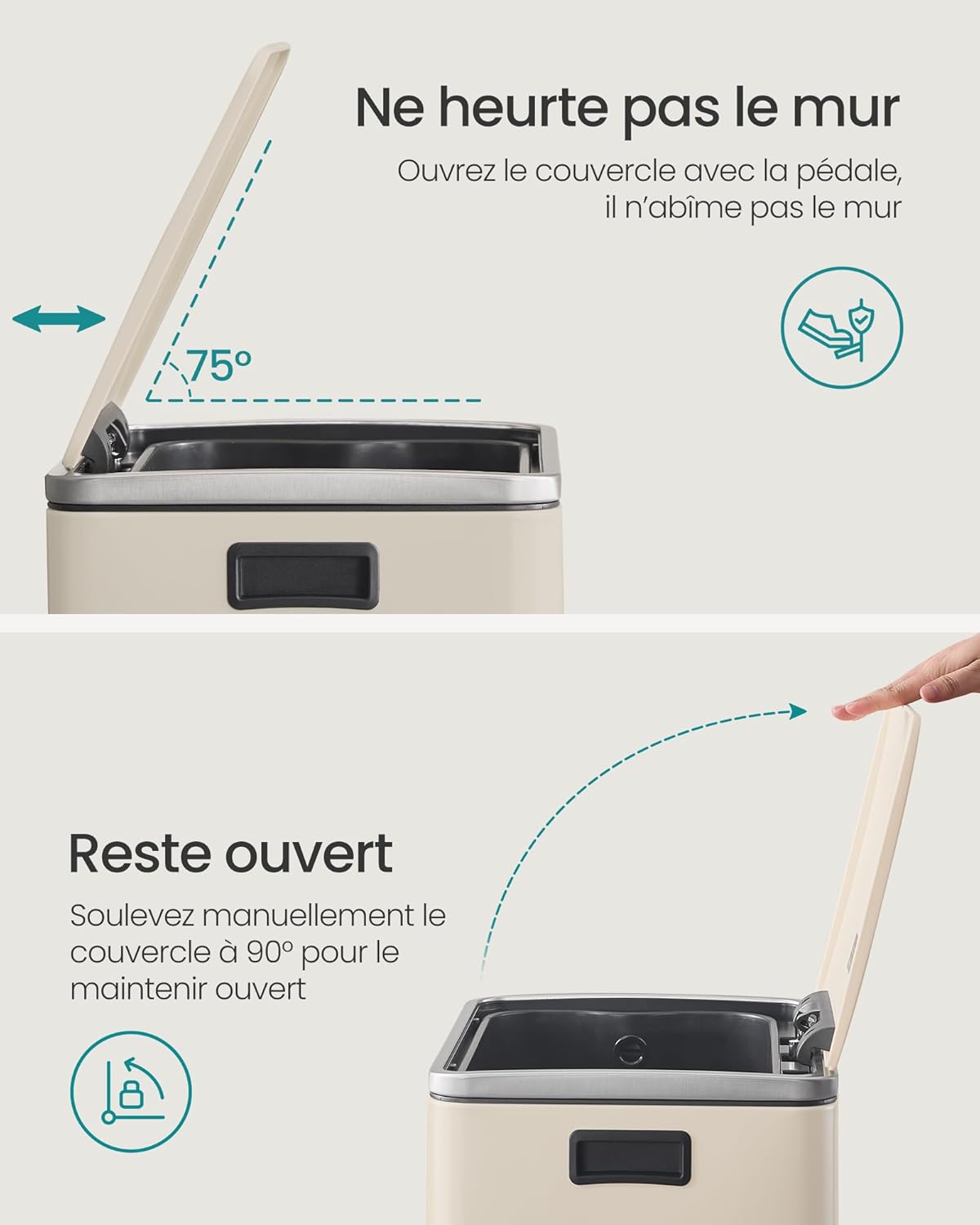Detalle 2 de SONGMICS LTB595A02 Poubelle de cuisine 50 L crème avec couvercle à fermeture douce et seau intérieur amovible