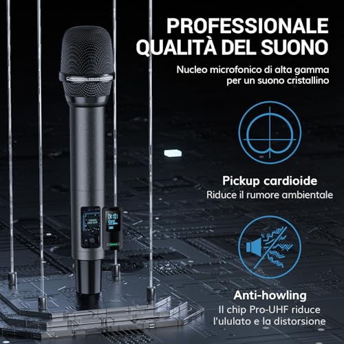 Detalle de TONOR Microfono Wireless TW520: set professionale con due microfoni dinamici UHF ricaricabili