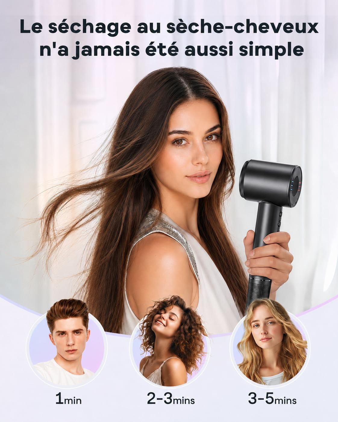 Detalle de Sèche-cheveux professionnel Bopcal avec diffuseur et ionique 160 000 tr/min – 500 millions d’ions, parfait pour salon et voyage