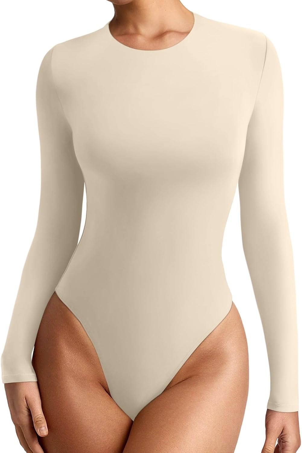 Detalle de REORIA Women's Crew Neck Long-Sleeve Bodysuit, Slim-Fit Lightweight Layering Top
