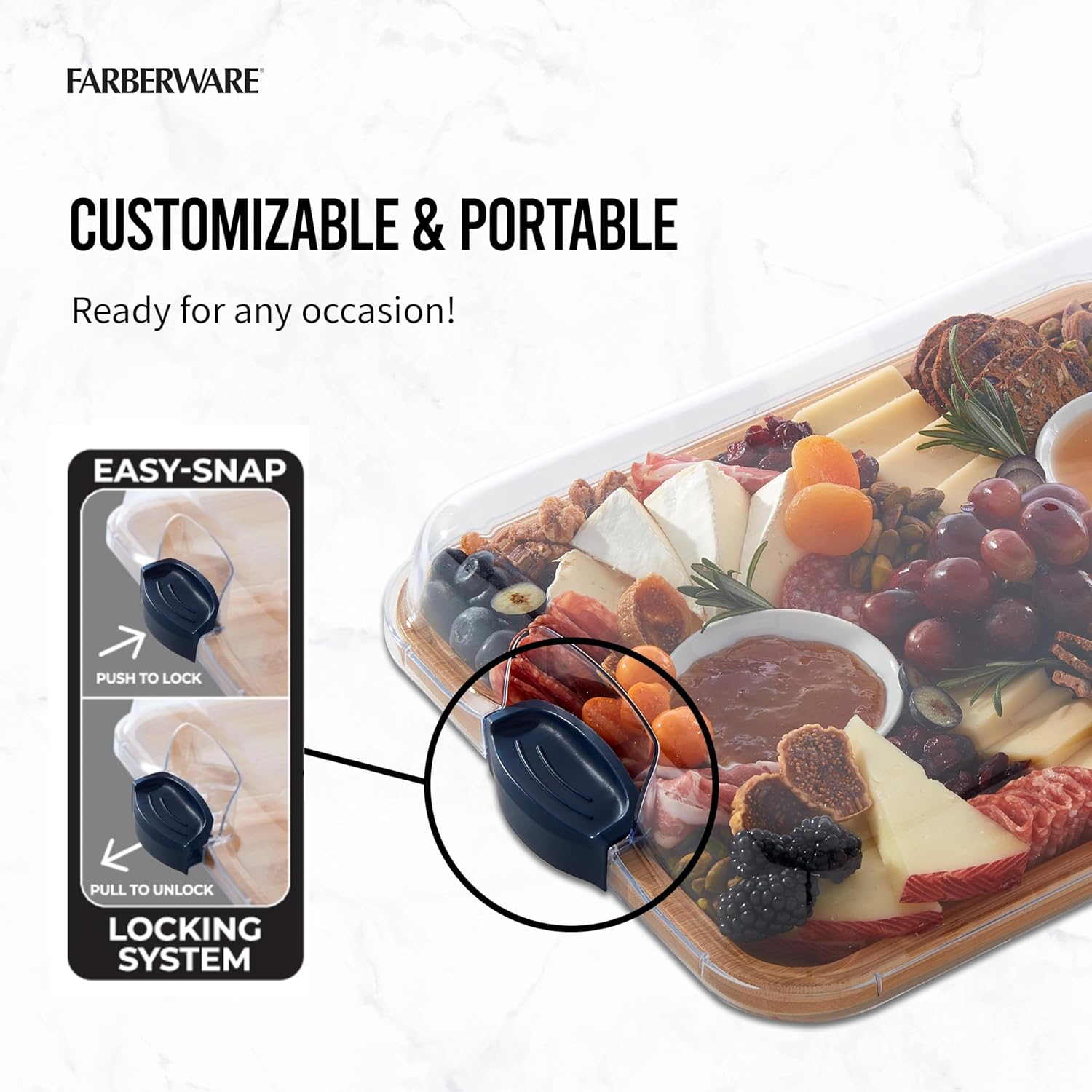 Detalle 2 de FARBERWARE Build-A-Board Bamboo Cutting Board with Built-in Compartments, Clear Locking Lid & Navy Handles ⚙