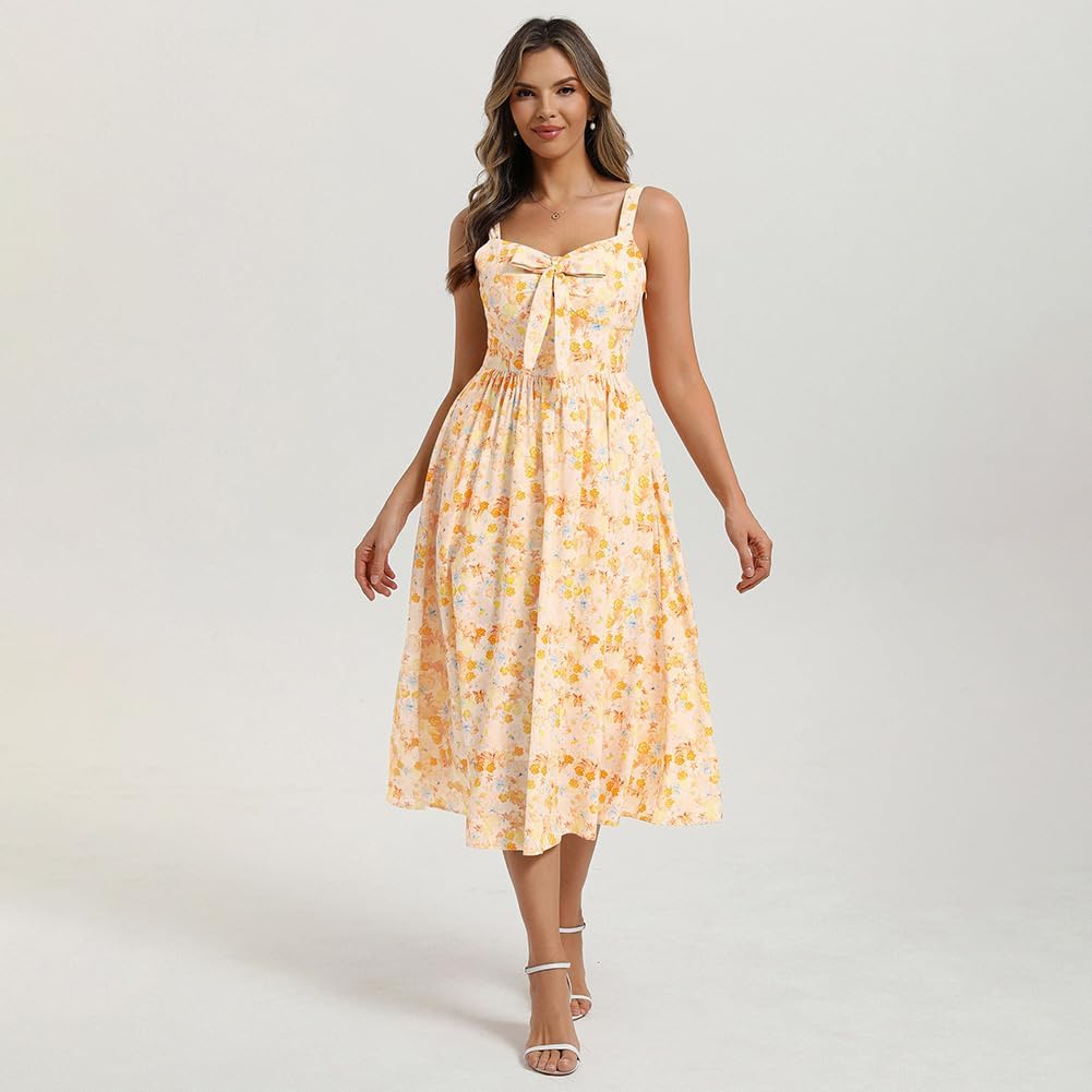Detalle de Belle Poque Robe longue à fleurs pour femme – Nœud avant, Dos froncé, Bretelles spaghetti