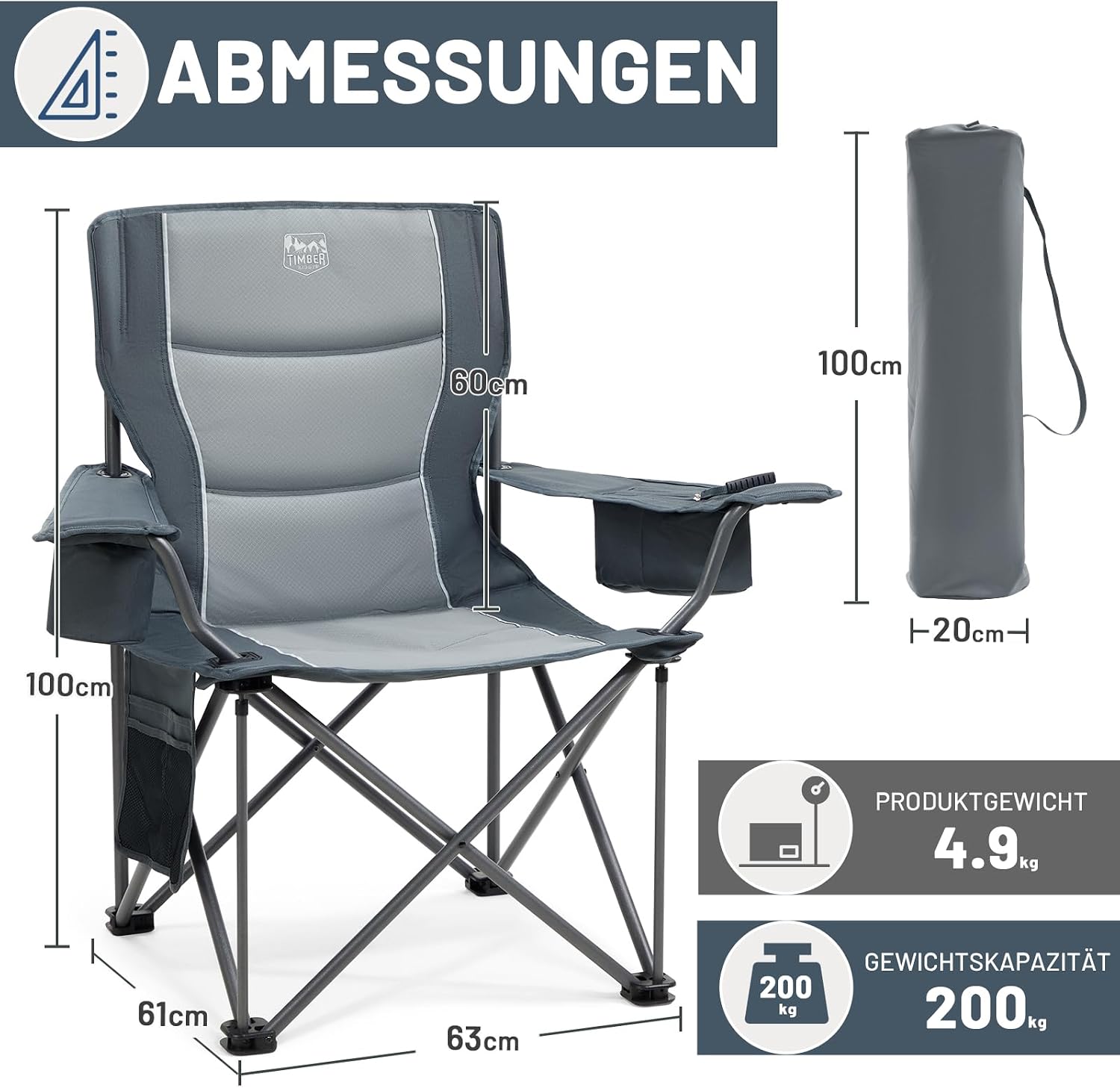 Detalle de TIMBER RIDGE 2er Campingstuhl faltbar (2 Stück) – extra breit, bis 200 kg, mit isolierter Kühltasche