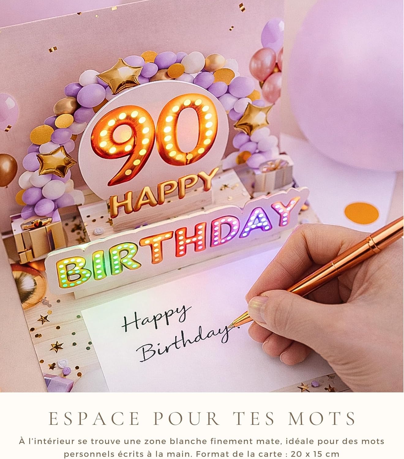 Detalle de Joli Coon Carte anniversaire 90 ans – Carte pop-up 3D avec musique et lumière