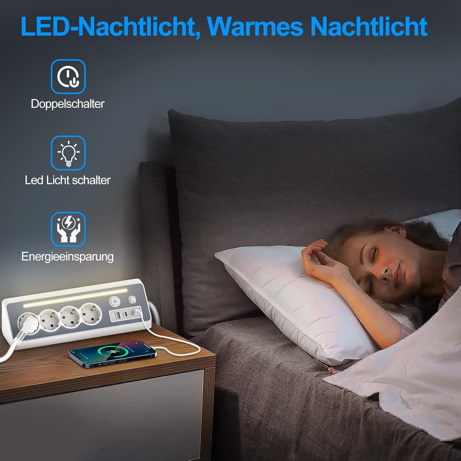 Detalle de Steckdosenleiste mit 2 USB-C, 4-fach Flachstecker und Überspannungsschutz – kompakt & flexibel