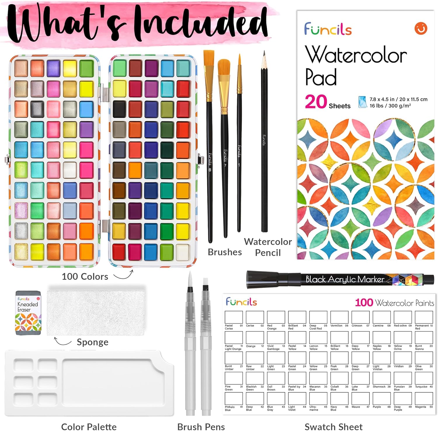 Thumbnail 1 de FunCils 100 Watercolour Paint Set (100 vibrant colours) with palette, brushes, pens and travel paper kit