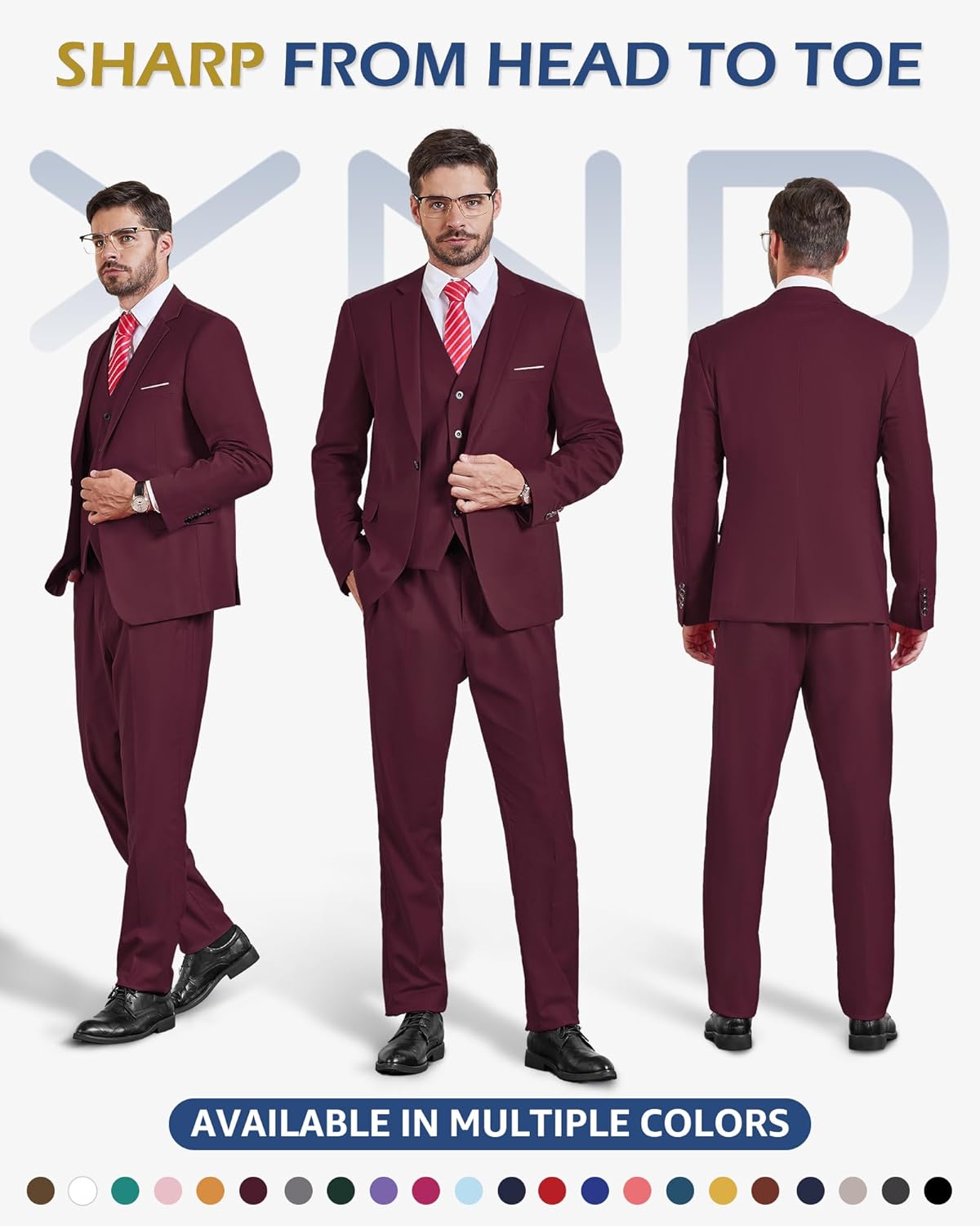 Thumbnail 1 de YND Men’s Slim Fit 3-Piece Suit Set (One-Button Blazer, Vest, Pants) with Matching Tie