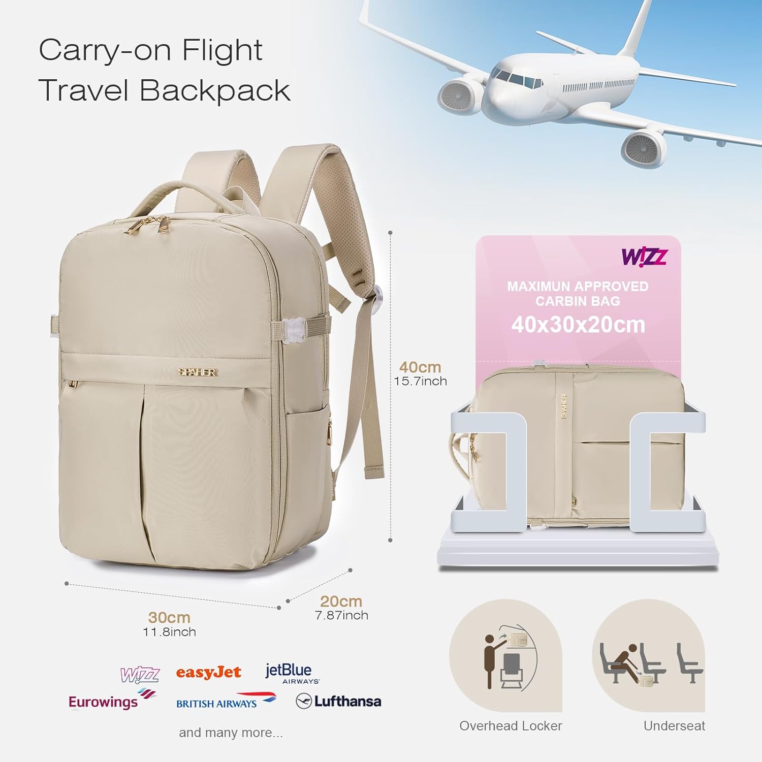 Thumbnail 2 de SPAHER Cabin Bag 40x30x20 Underseat Laptop Backpack (Up to 15.6 Inch) – Beige