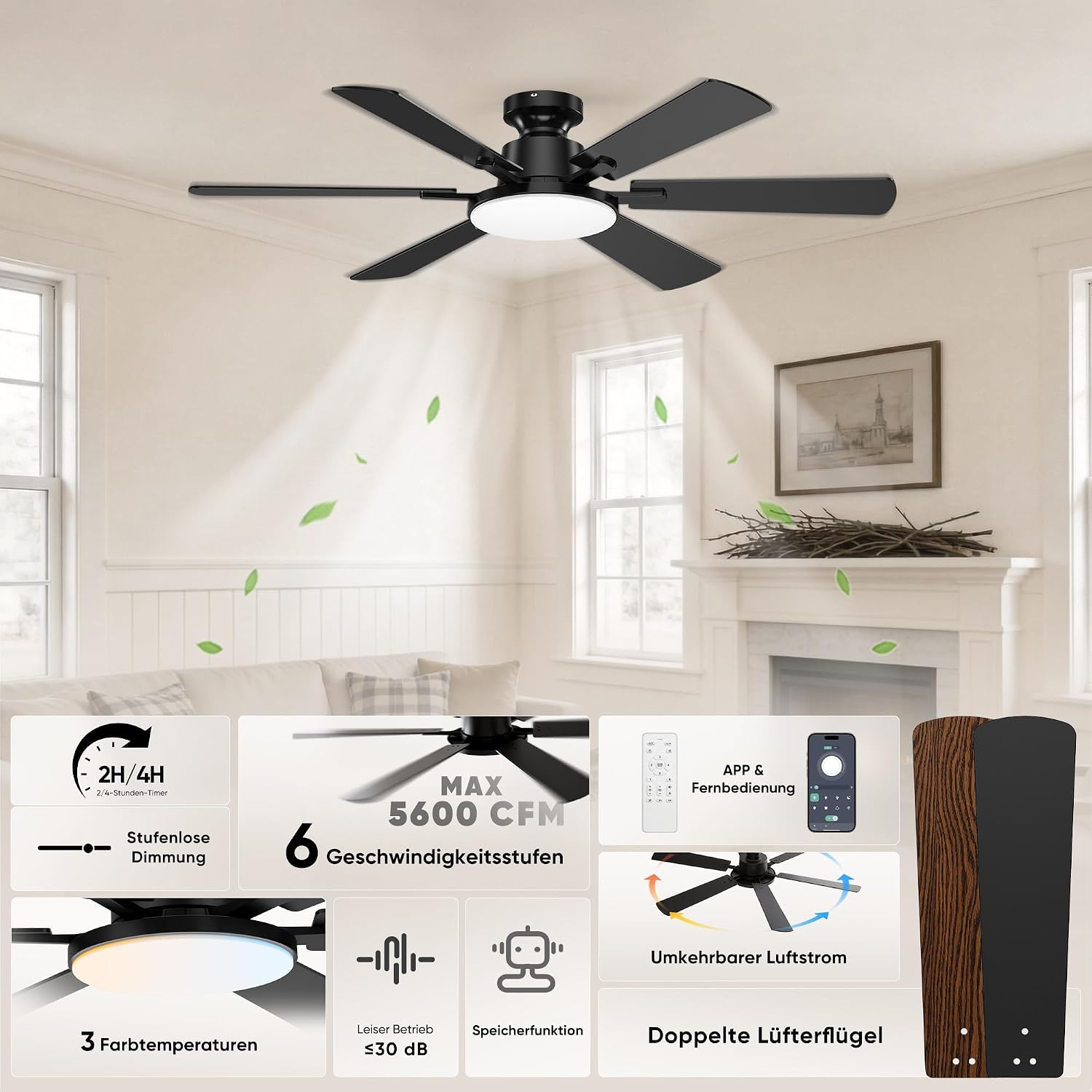 Detalle 2 de Deckenventilator mit Beleuchtung 132 cm – 6 Flügel, DC-Silentmotor, Fernbedienung