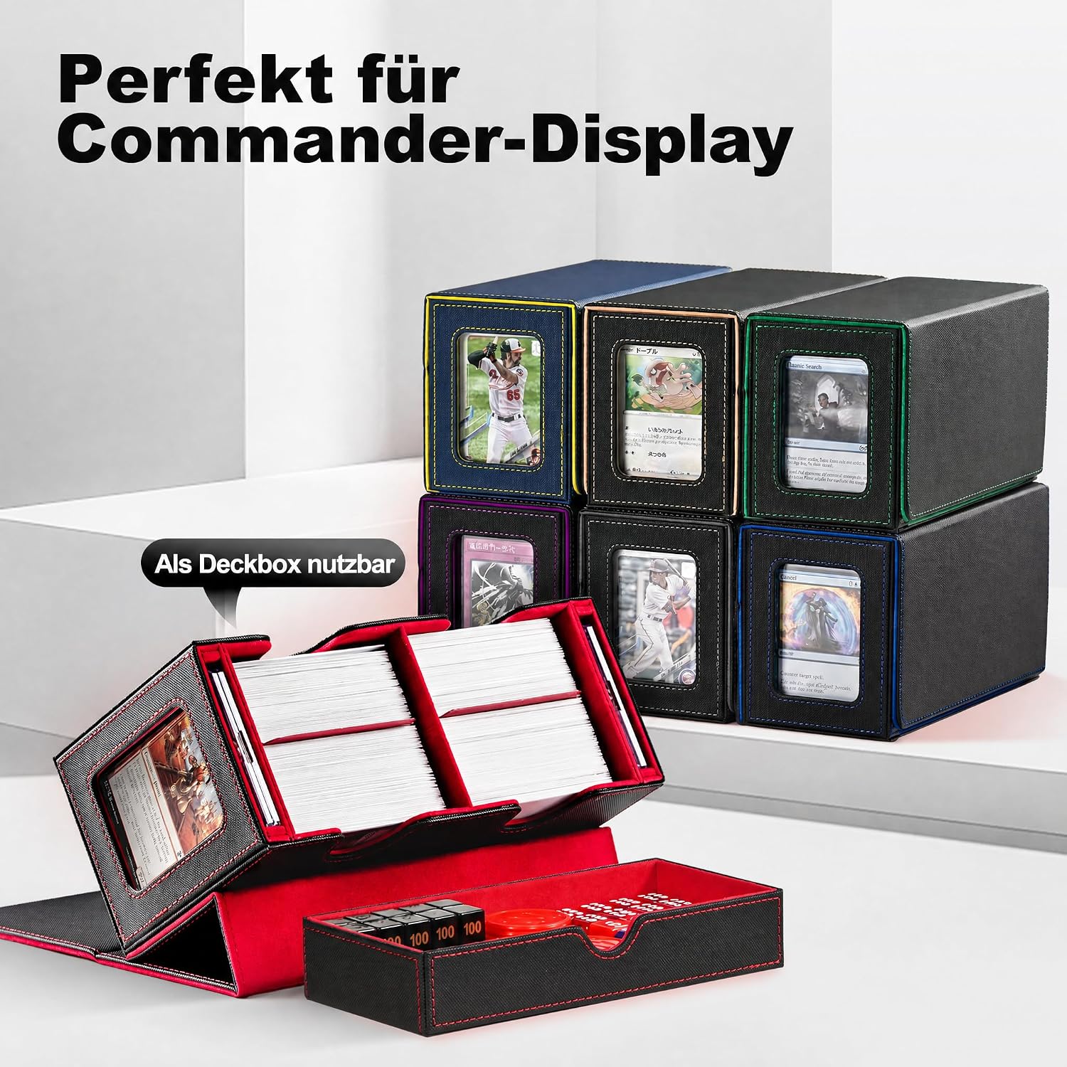 Detalle 2 de UAONO MTG Deck Box mit 2 Commander Display und Würfelablage – Doppeldeck-Box für 250+ Karten