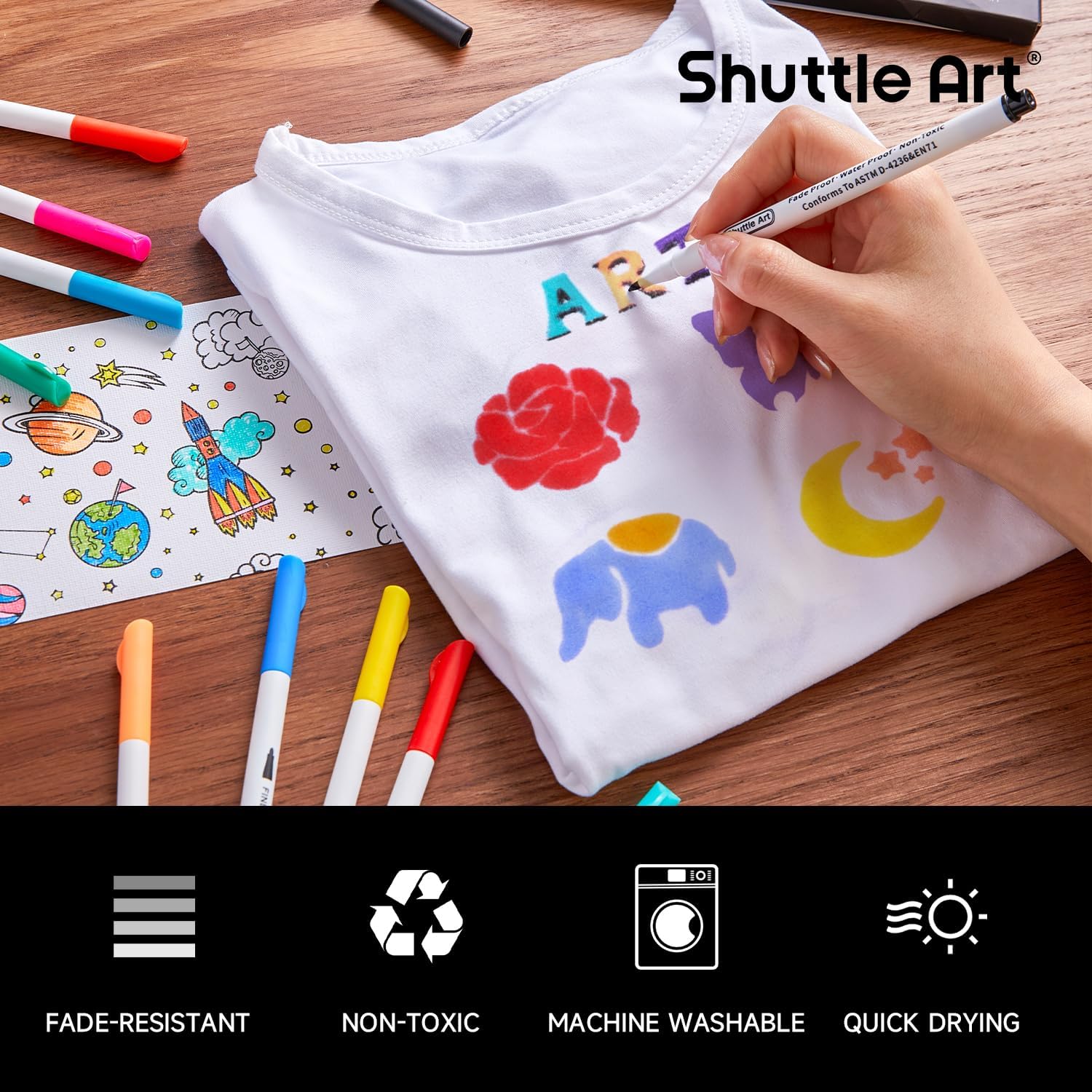 Detalle 2 de Shuttle Art Fabric Pens: 28 Colours Fine Tip Permanent Markers for Clothes, Shoes and More