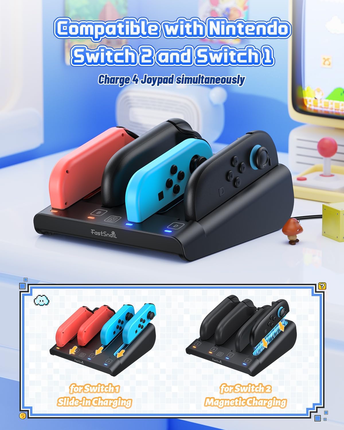 Thumbnail 2 de [Switch1/2 Kompatibel] FASTSNAIL 8-in-1 Ladestation für Nintendo Switch 2 & 1/OLED – Magnetisch & Einschub