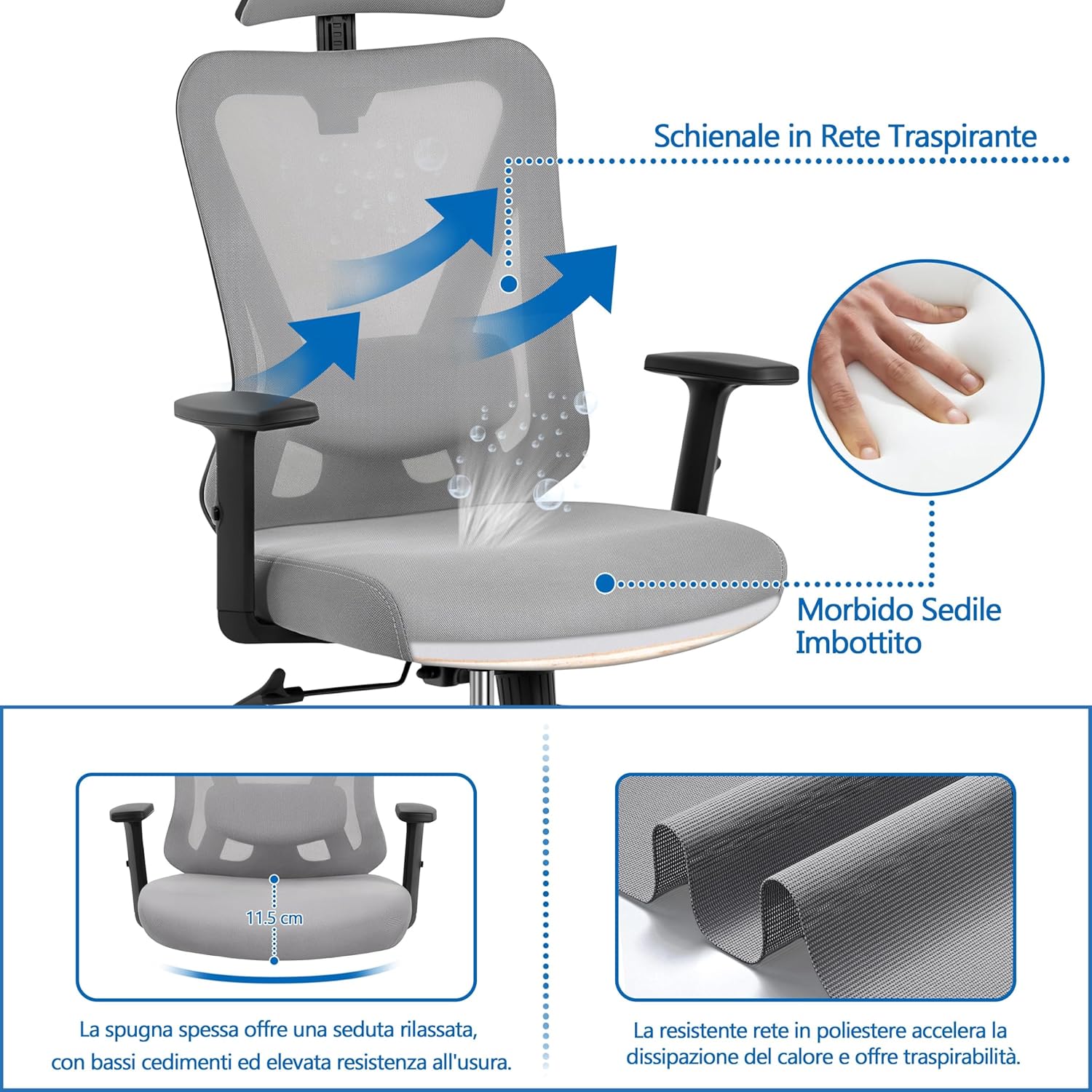 Detalle de Yaheetech Poltrona/Sedia Ufficio Ergonomica Lombare con Schienale Reclinabile e Braccioli Regolabili – 90°-130°, Rete Traspirante, SGS, EN1335, 136 kg