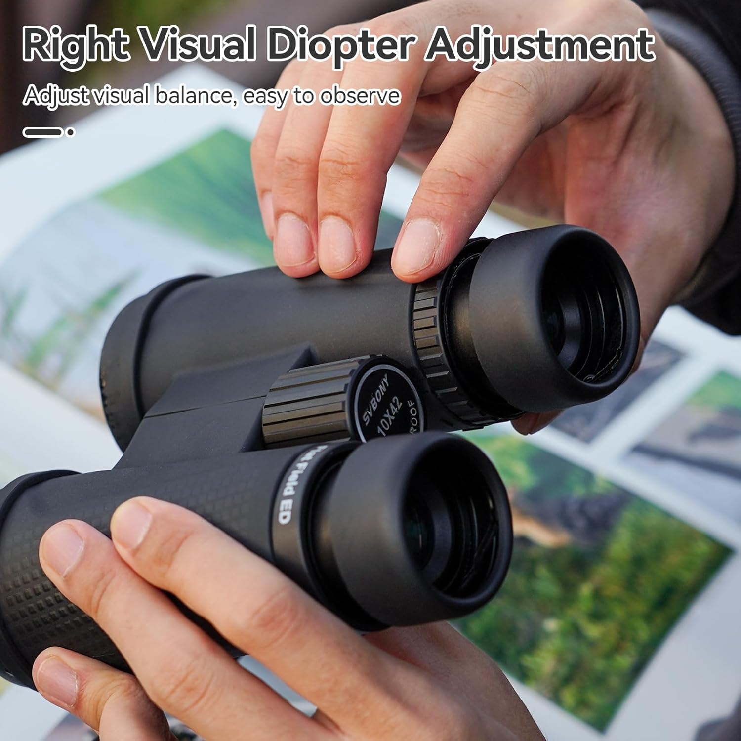 Detalle de Svbony SA205 10x42 ED: binocolo per adulti con correzione del campo piatto, FMC e impermeabilità IP67