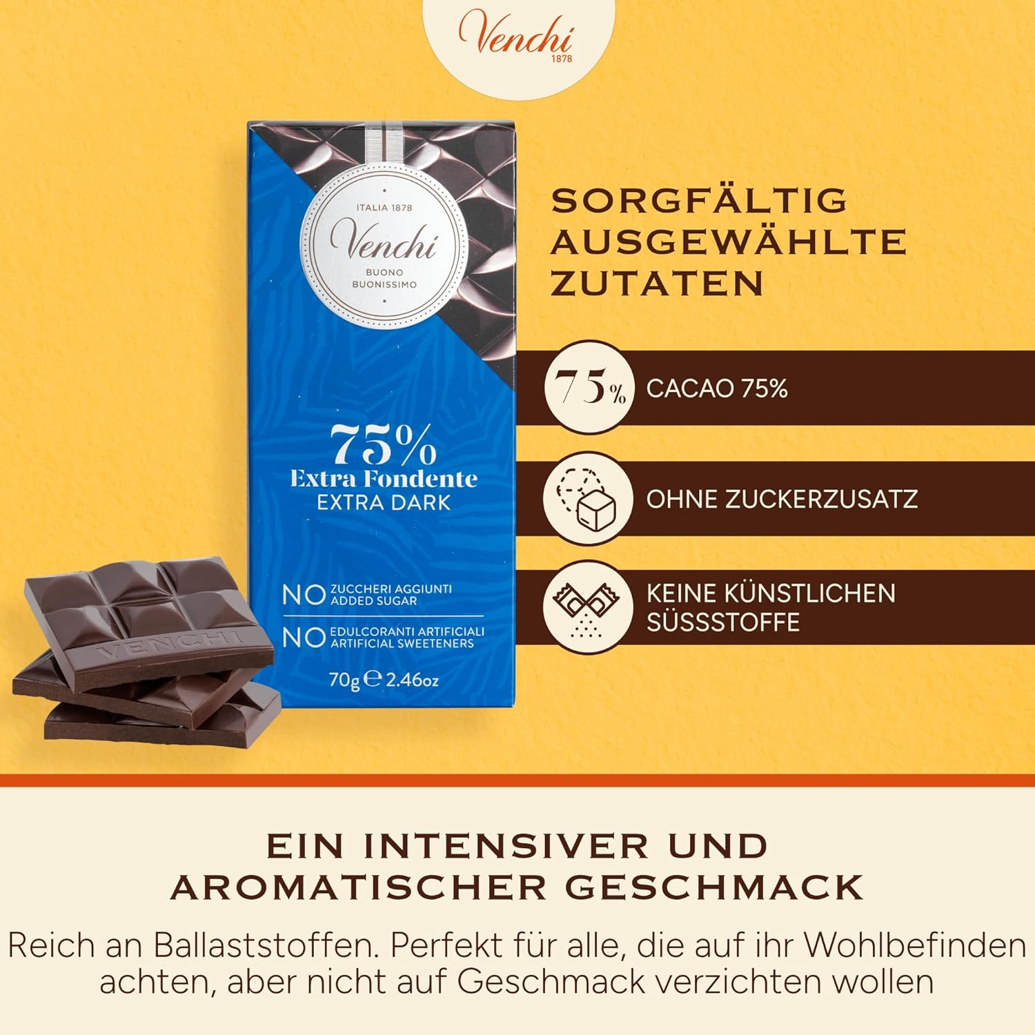 Thumbnail 2 de Venchi Zartbitterschokoladentafel mit 70% weniger Zucker (70% weniger Zucker), 100 g, ohne Zuckerzusatz – glutenfrei
