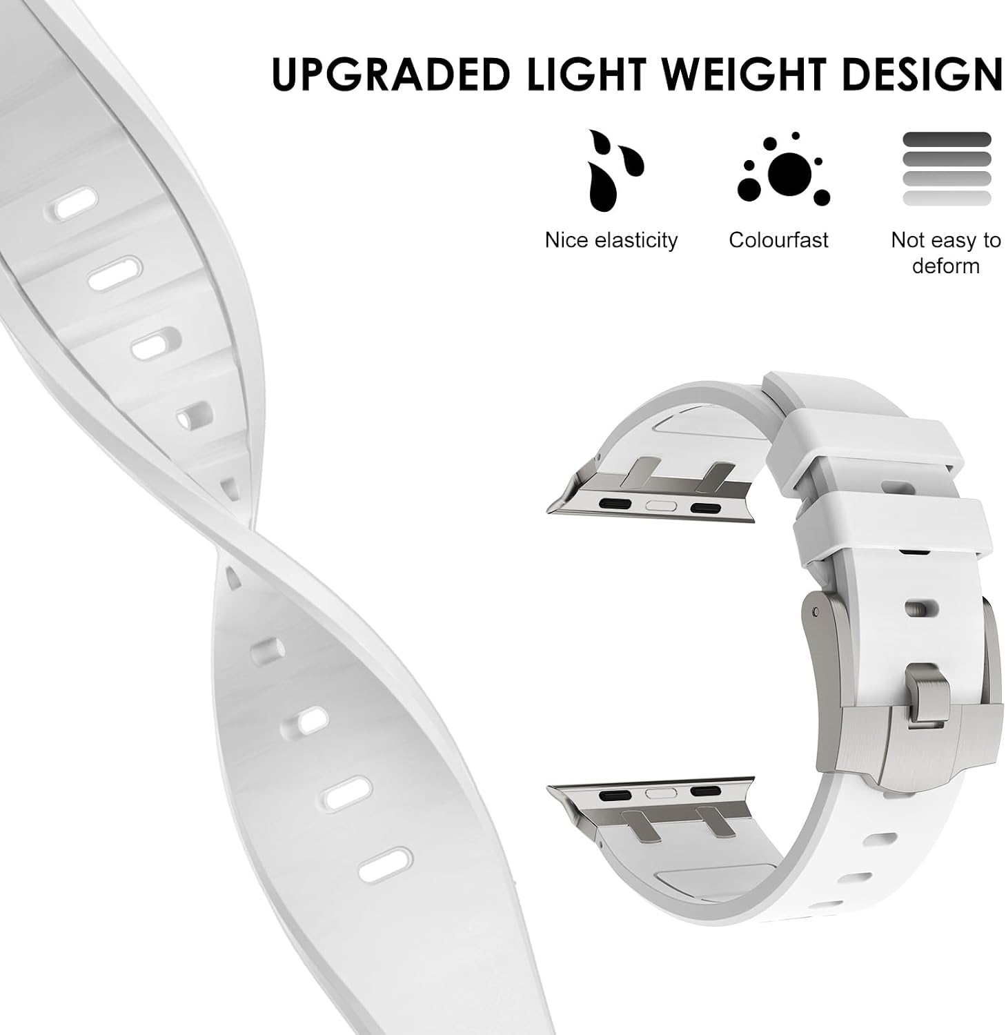 Detalle de NewWays silicone strap with stainless steel connectors (White/Titanium) for Apple Watch 42mm/41mm/40mm/38mm