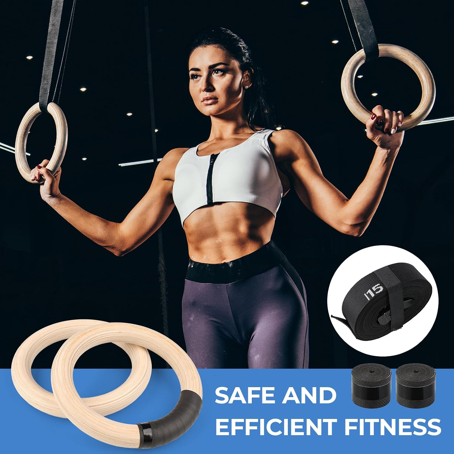 Thumbnail 6 de LIFERUN houten gymnastiekringen, 28 of 32 mm, met gripbanden en verstelbare straps