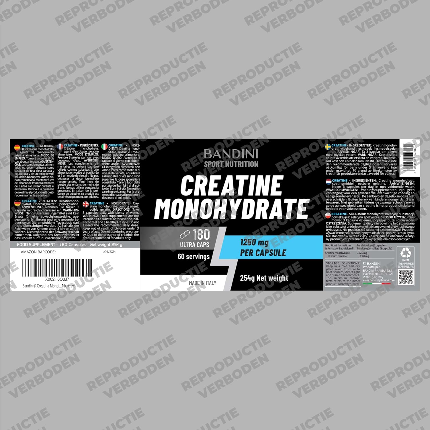 Detalle 1 de BANDINI Creatine capsules, 3.000 mg creatine monohydraat per portie, vegan