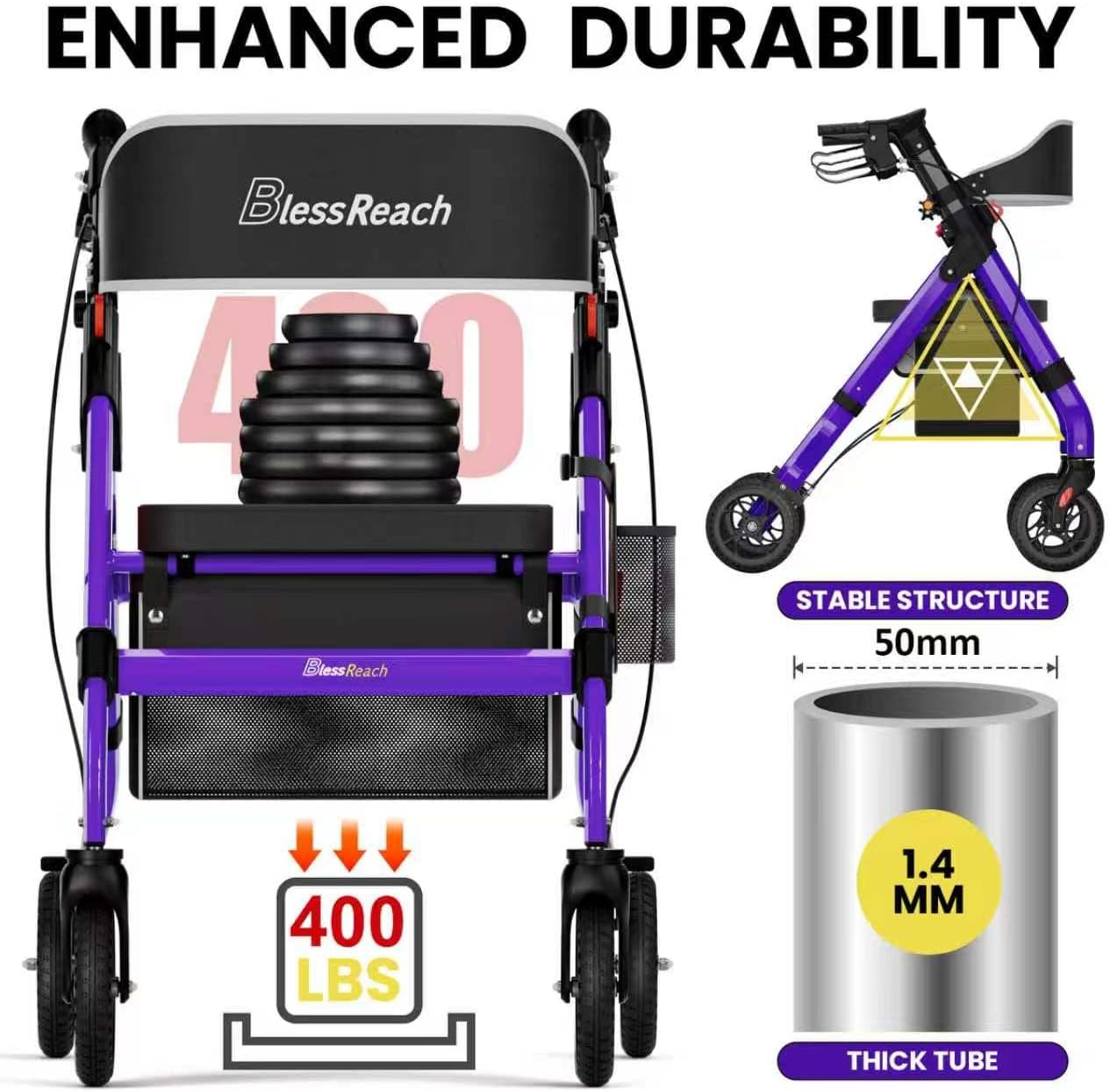 Detalle 2 de BlessReach Foldable Heavy-Duty Rollator Walker, 400 lb Capacity, 8-Inch Wheels