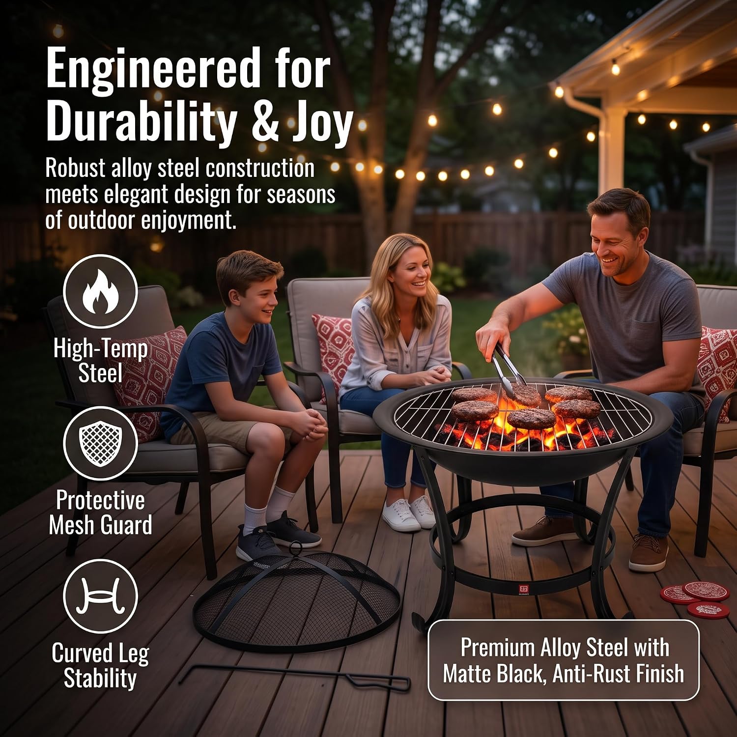 Detalle de Fire Beauty Fire Pit BBQ Grill Pit Bowl with Mesh Spark Screen Cover and Poker