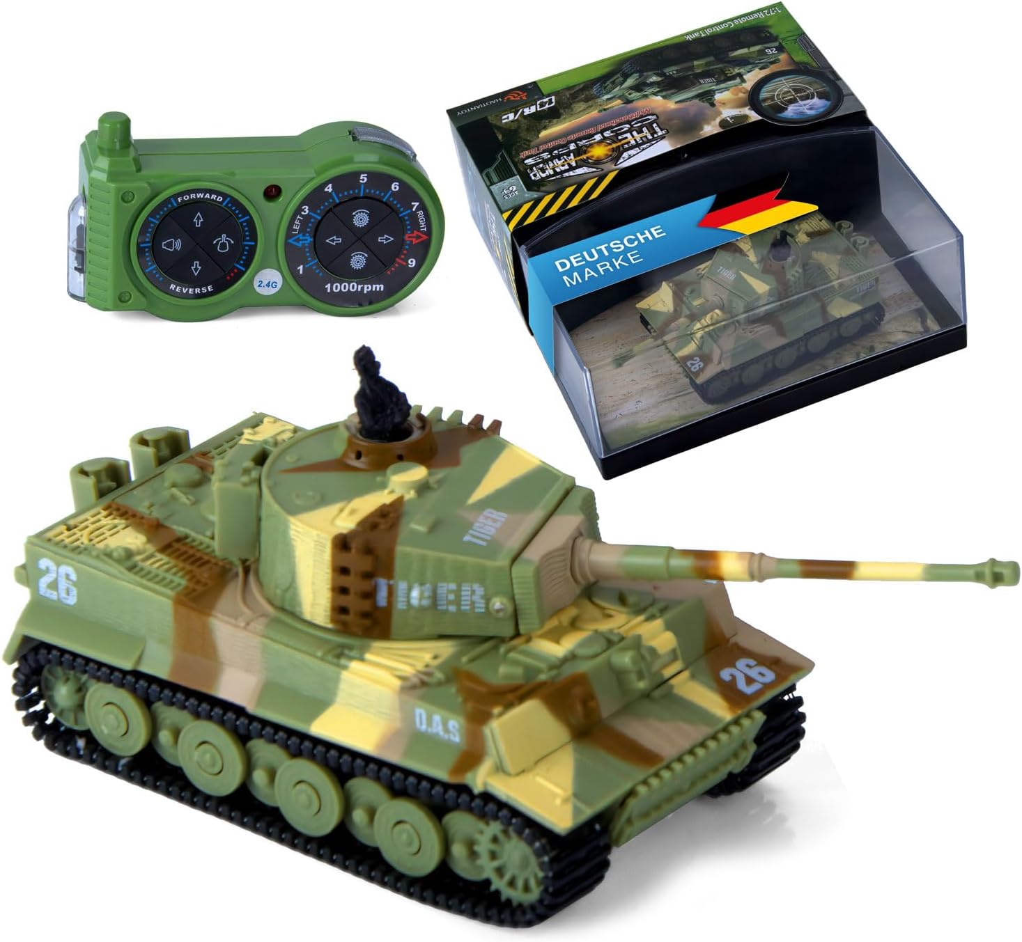 Detalle de GOODS+GADGETS® Tiger I RC-stridsvagn i skala 1:72 med roterande torn, ljud och ljus