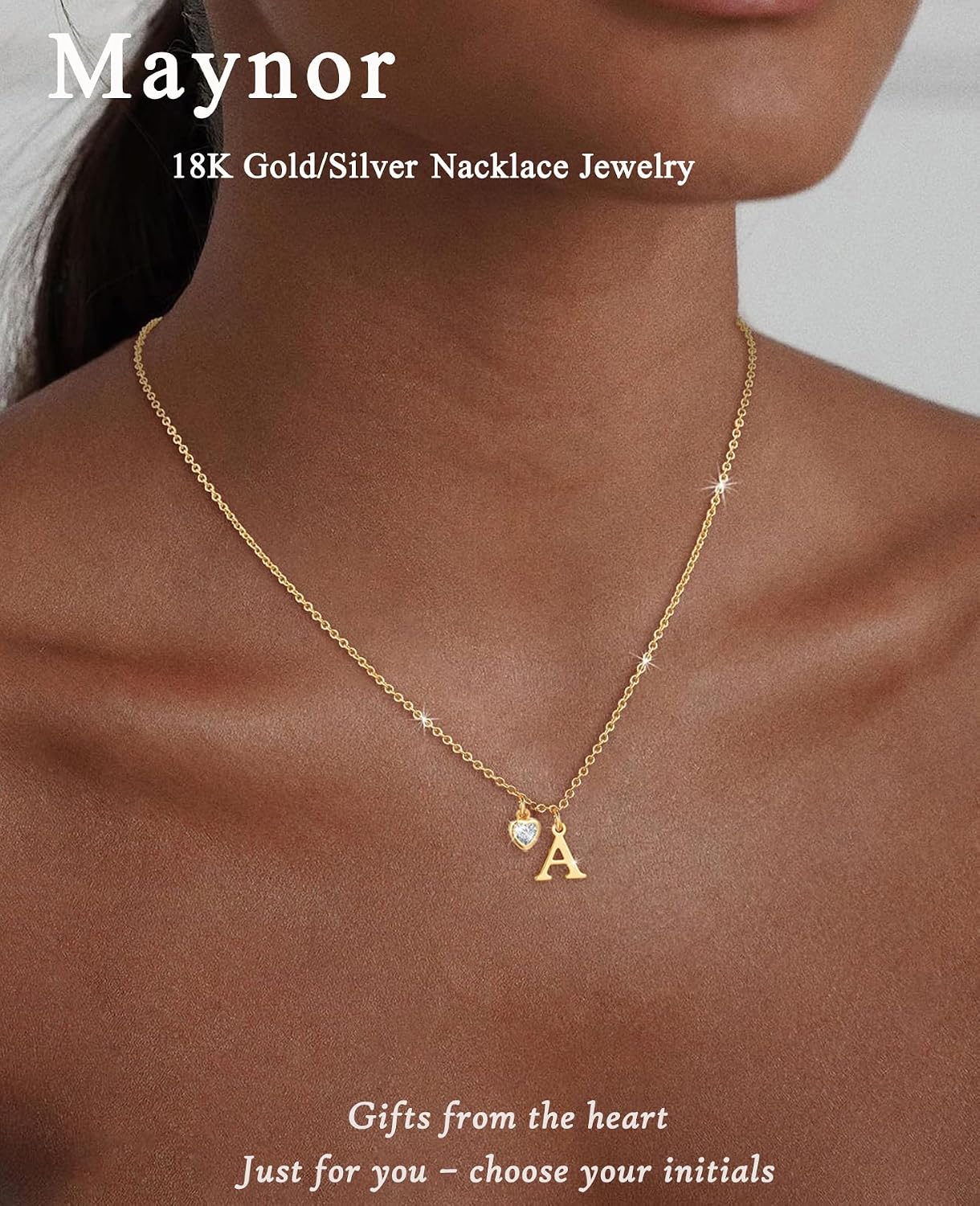 Detalle de Maynor Gold Damen Buchstaben Kette mit Herzanhänger – Initialen A–Z, 18K Vergoldet, 42 cm + 5 cm Verlängerung