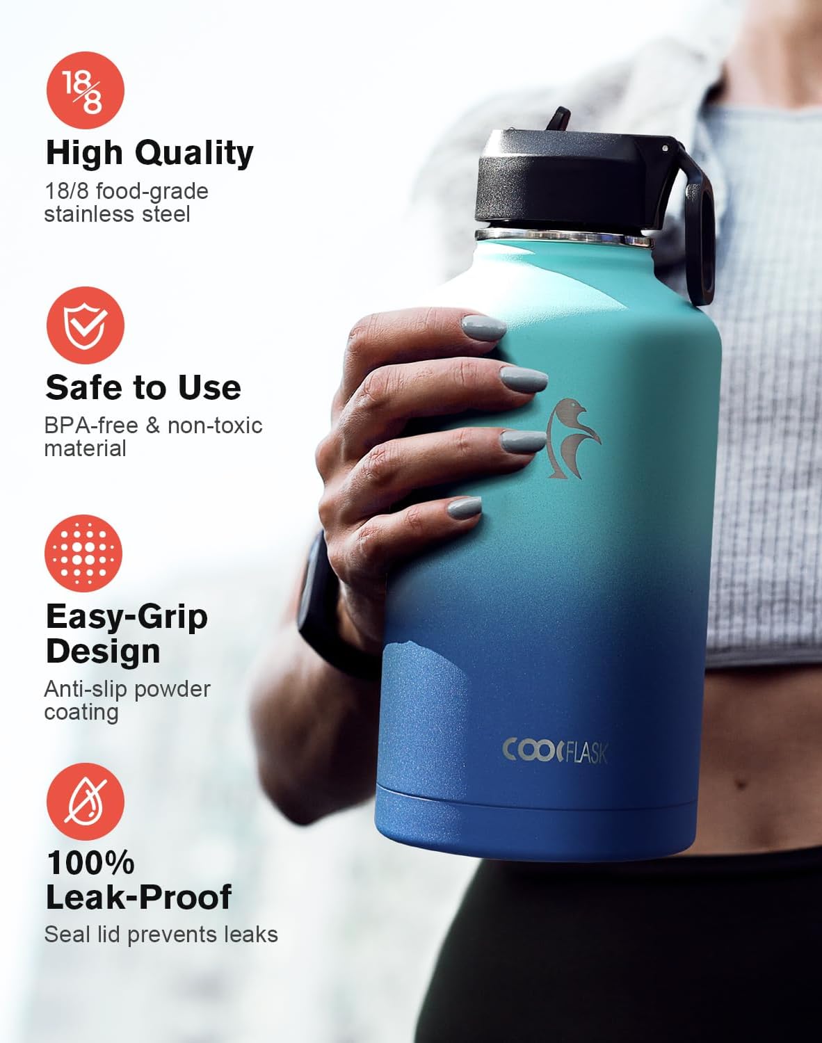 Detalle 1 de Coolflask Botella de Agua Aislada 2L con 3 tapas