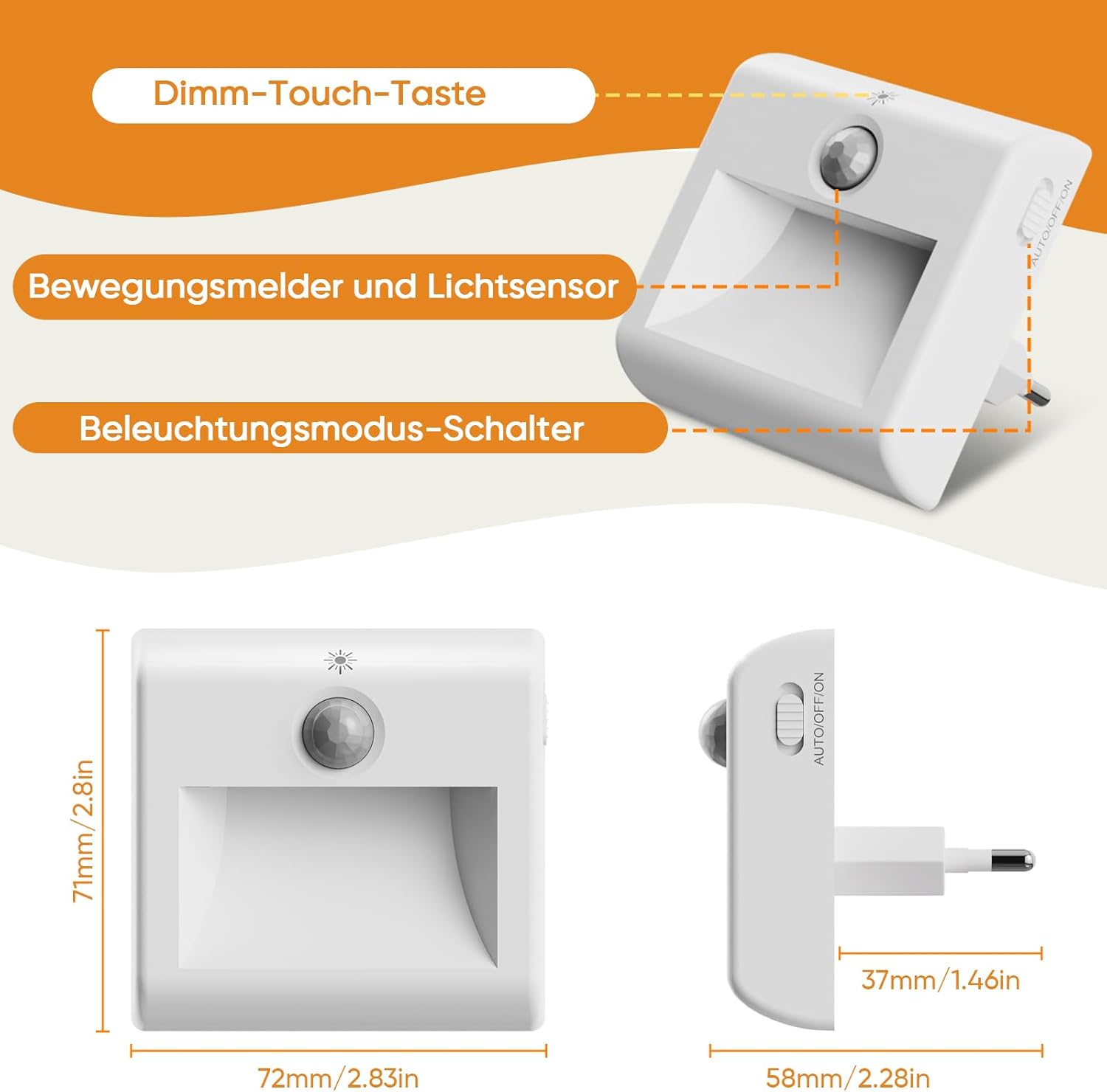 Detalle de Suright 2er-Set Nachtlicht-Steckdose mit Bewegungsmelder, warmweißes LED-Licht (3000K), 3 Modi & stufenlose Dimmung