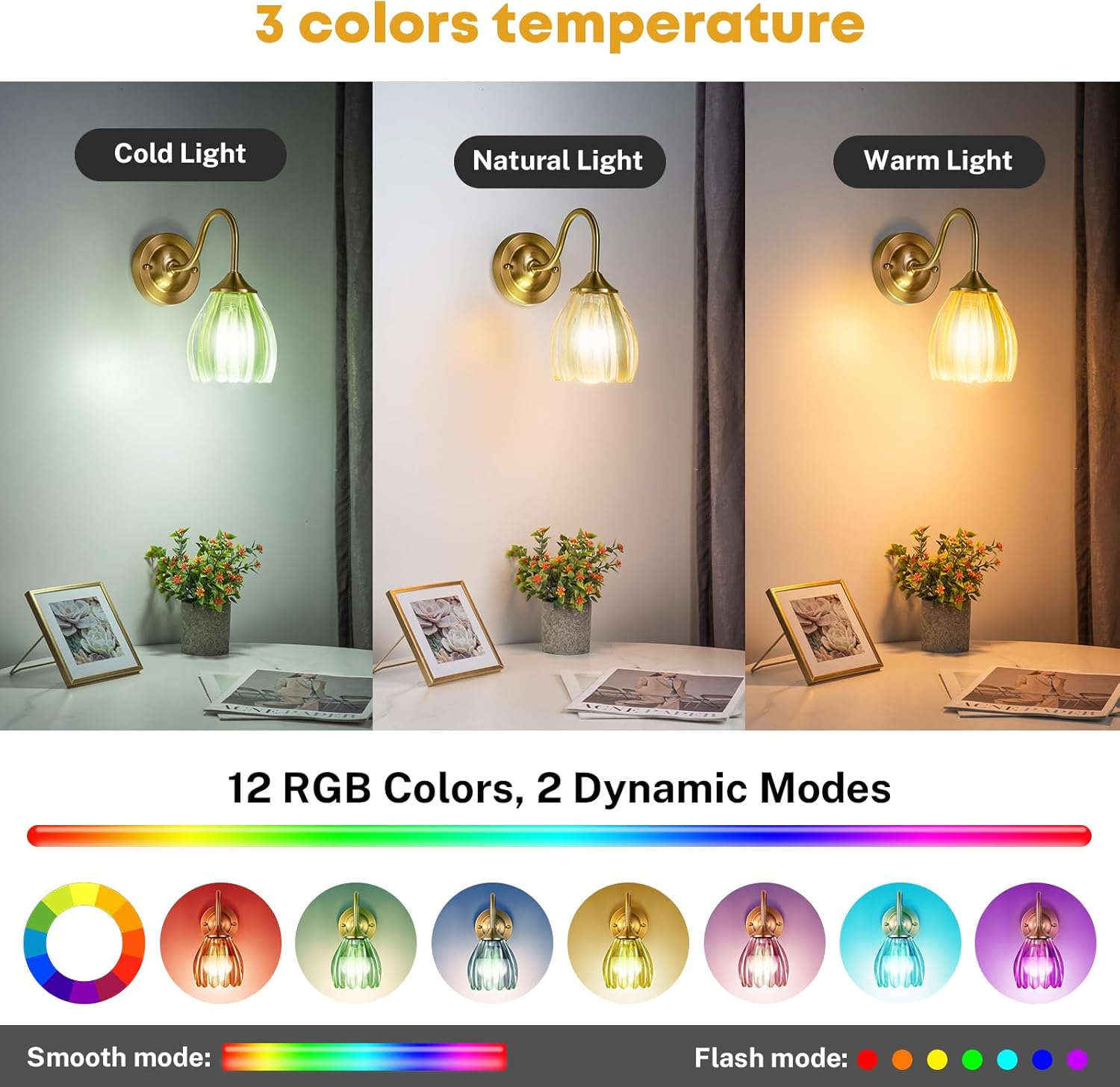 Thumbnail 2 de LumaBrite Vintage Rechargeable Wall Lights (Set of 2) with 8000mAh Battery, 12 RGB + 3 CCT, Remote Control