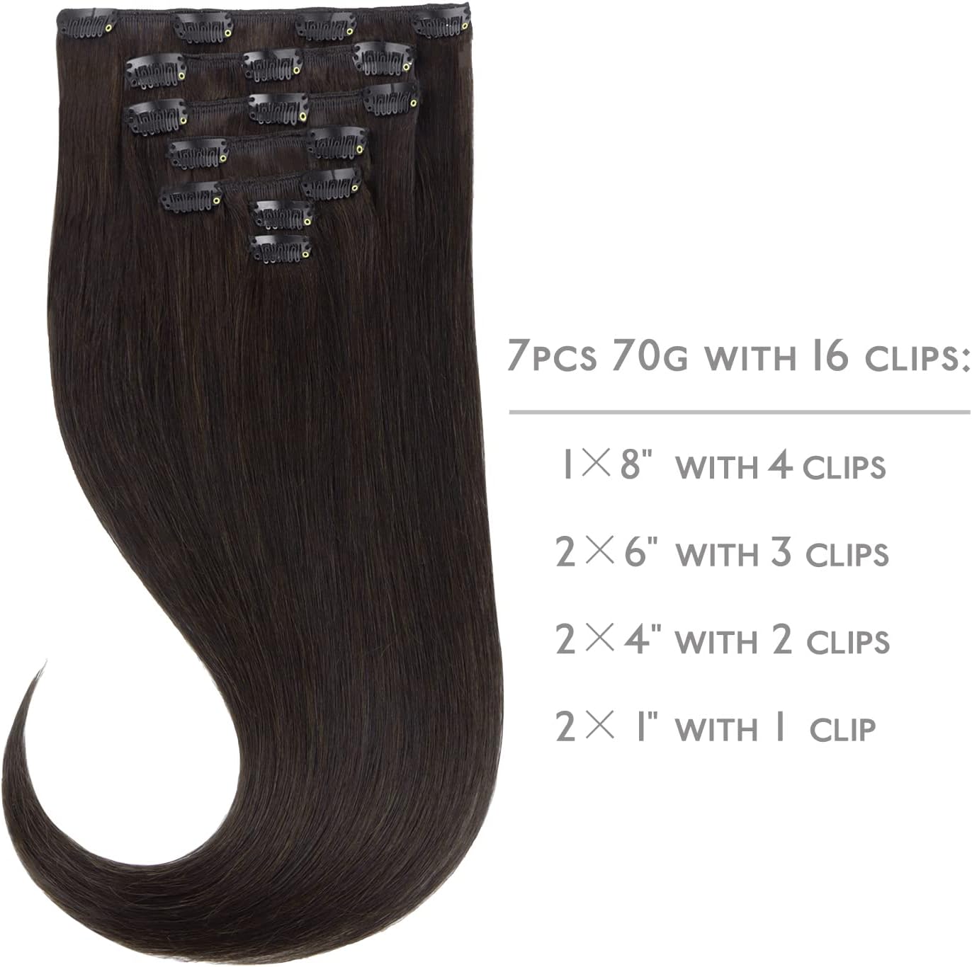 Detalle 2 de WENNALIFE Extension a clip di capelli veri Remy, vergini, 50,8 cm, castano scuro, 7 pezzi 70 g