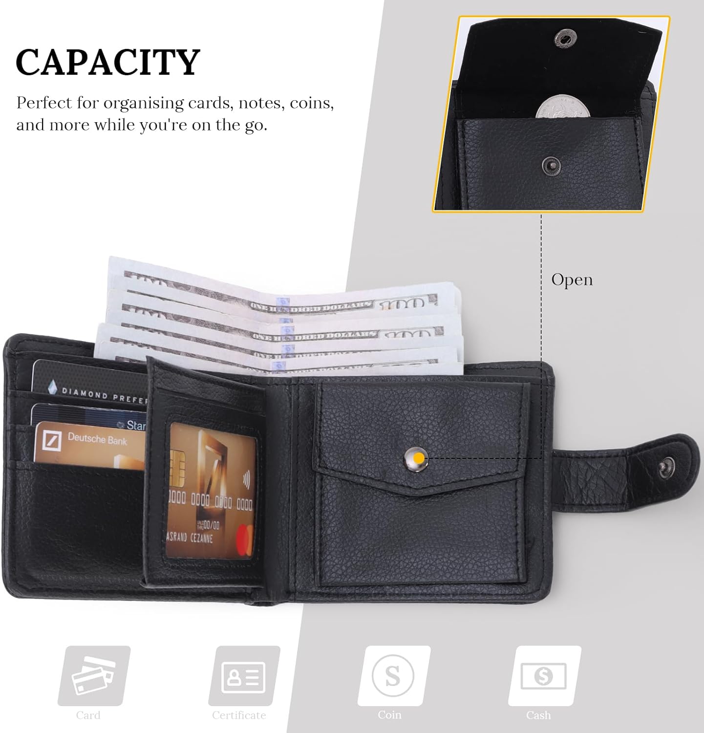 Detalle de BWBIKE Slim PU Leather Wallet for Men with 1 Zipper Compartment – A neat, practical bifold with dedicated coin, card and ID spaces
