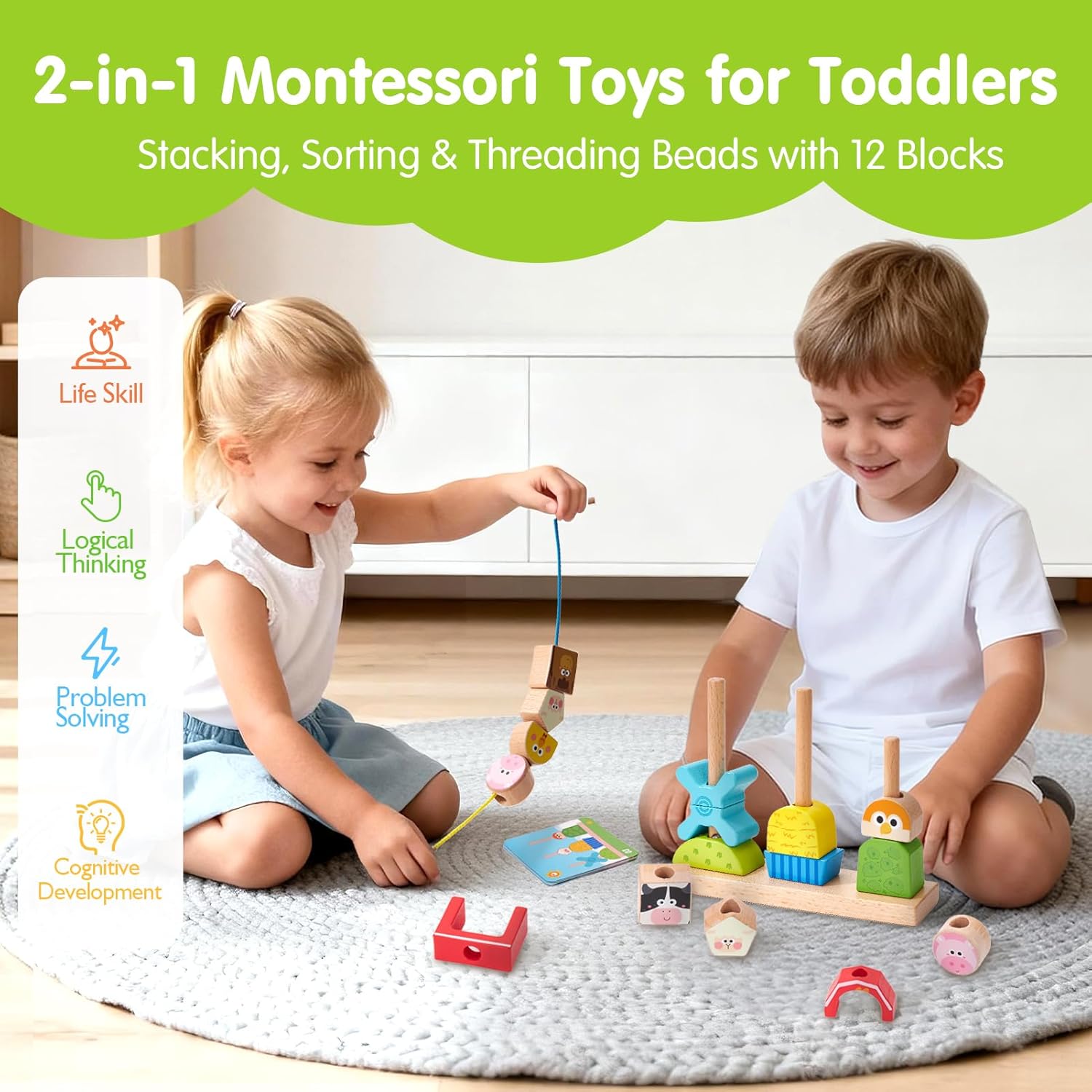 Thumbnail 1 de hahaland Wooden Farm Stacking & Sorting Toys for Toddlers (1+ Year) – Montessori-inspired, with Animal Blocks & Day-Night Cards